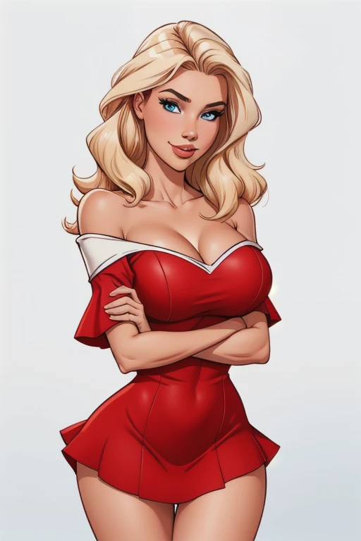 athletic woman, age 25, 8k (High definition), blue eyes, beautiful smiling, seducing gaze, wearing a skin tight red mini prom dress ((with off-the-shoulder neckline)), Caucasian skin, arms positioned at the side of the body, long wavy light blonde hair ((at shoulder height)), standing hands on her hips, at the table ((upper body)), slim body, big round breasts,. High-quality Marvel style, white background.