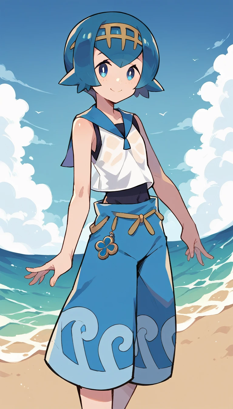 Score_9, Score_8_up, score_7_up, score_6_up, solo, 1lana1, blue hair, short hair, blue eyes, 2default2, yellow hairband, swimsuit under clothes, white shirt, sleeveless shirt, sailor collar, blue pants, baggy pants, cowboy shot, smile, beach, wave pattern pants