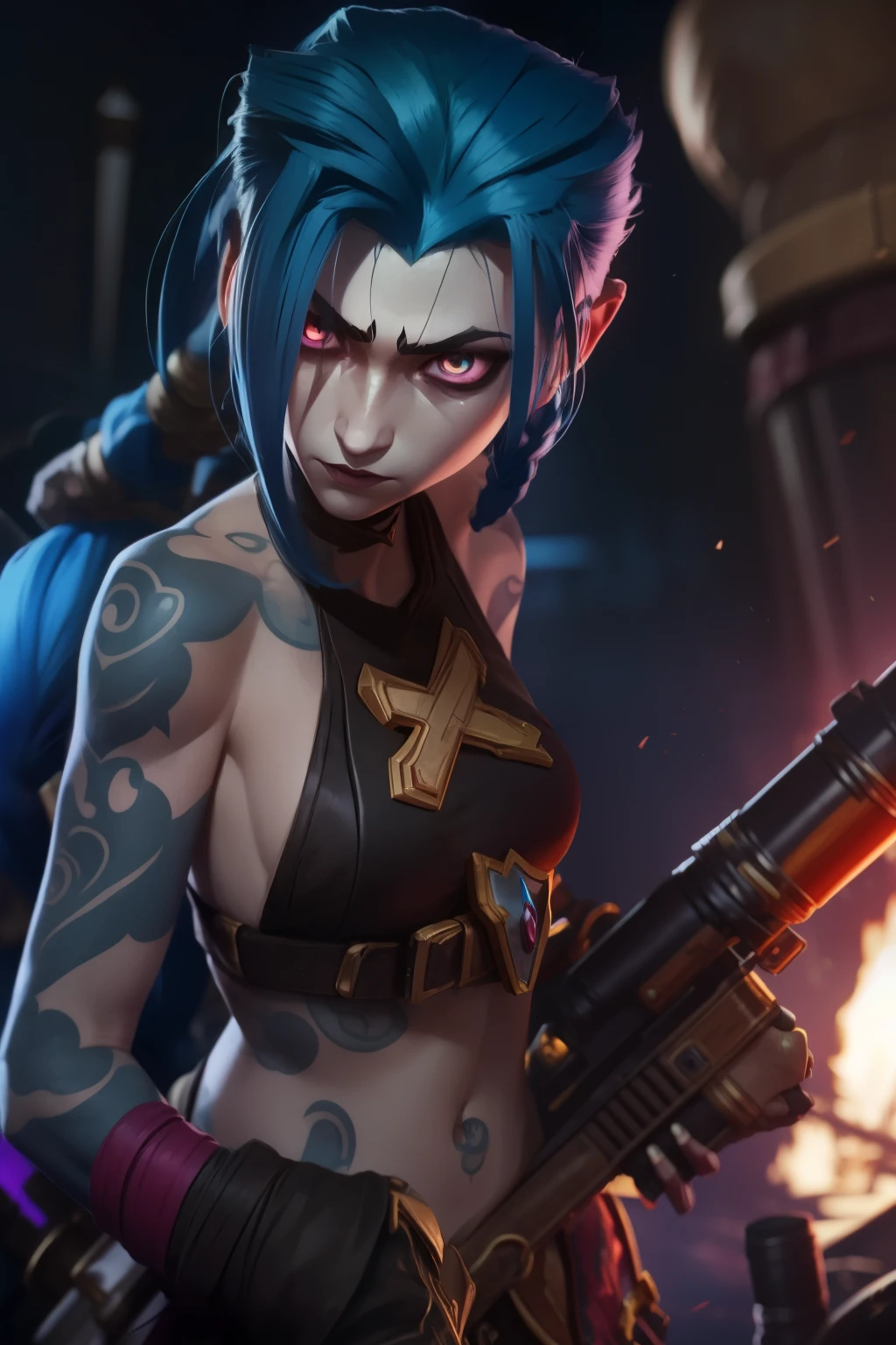 jinx league of legends, detailed eyes, firing a rocket launcher, tattoo 