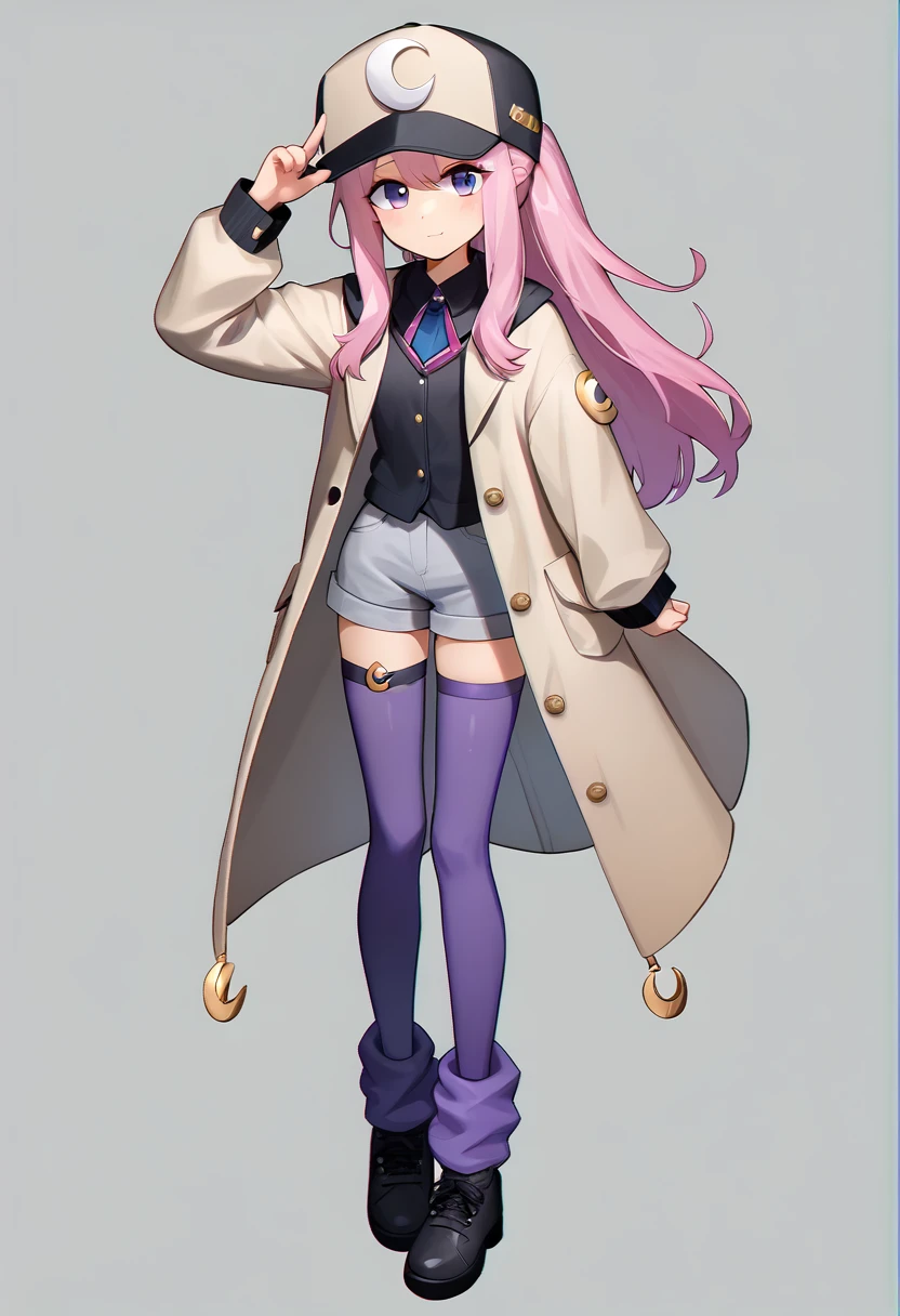 Solo Transparent Background Pink Hair Long Hair  : 3 1 Girls Full Body Hat Shorts Black Shoes Purple Socks Blouse Black vest crescent cks minimalist background Youtube number virtual reality jacket Arne shoes // Tan coat, black vest, pants, pink bear hat with cute gestures and playful blinks. Cute with cute gestures.