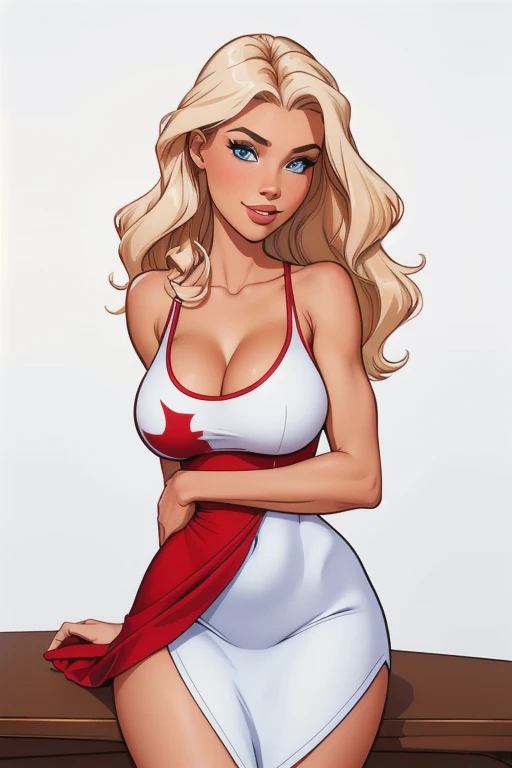 athletic woman, age 25, 8k (High definition), blue eyes, beautiful smiling, seducing gaze, wearing a skin tight red glitter mini prom dress, Caucasian skin, arms positioned at the side of the body, long wavy light blonde hair ((at shoulder height)), standing hands on her hips, at the table ((upper body)), slim body, big round breasts,. High-quality Marvel style, white background.