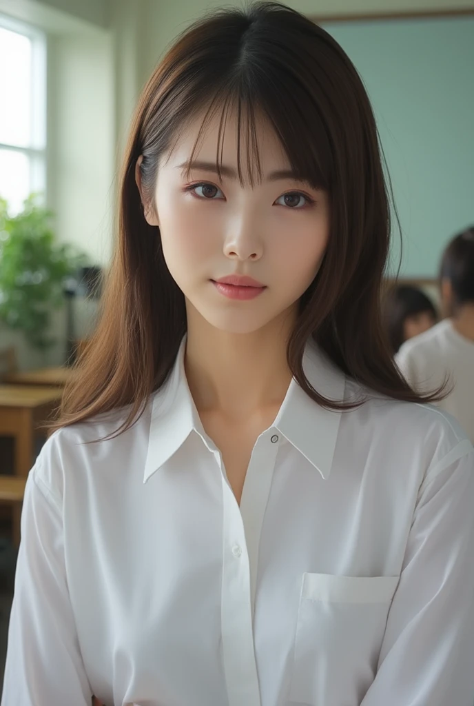 (超 high definition, masterpiece,  anatomically accurate,   Textured Skin ,   super detail,North side Keiko face top quality ,  high definition, 8k, bloom, Front light:1.2,  perfect dynamic composition), (24 years old, 1 person,   cute and sexy high school teacher ), ( Sexy Faces, Long face, Distant look, Gentle eyelids,  Thin eyebrows, Gentle corner of the eye, Hawk-like nose), ( gal makeup), ( eyeliner ), ( eyes with an erotic feel that will completely fascinate you ), ( erotic eyes ), ( A Taste Of Beautiful Eroticism), (So cute beauty), (( white collar shirt)), (( my shirt looks like it's going to tear on my chest.:1.6)), ( charming smile in a crowd:1.2), (Beige Hair:1.4), (Long Hair, Inward curls, bangs, Smooth Hair), (( Big Breasts :1.3)), ((Bold Pose:1.3)), (( watching )), Keiko Kitagawa, ((close-up)), (School classroom,  window ,  blackboard , Row of desks, chair, Fluorescent lamp, ceiling, sunlight)