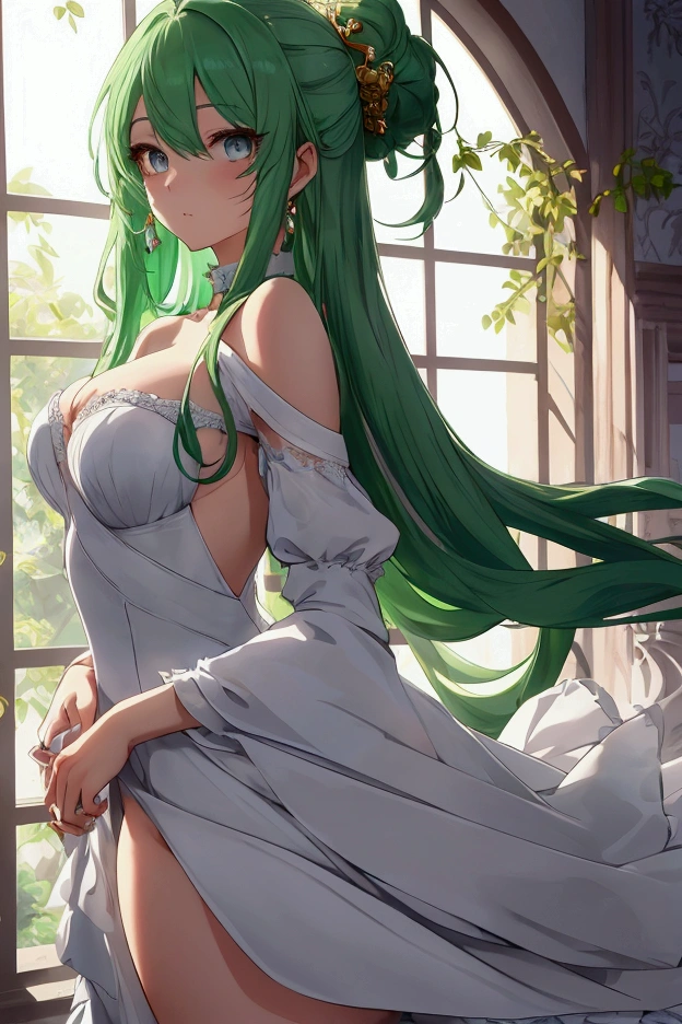 /(Girl),(anime),(long green hair and green eyes),(18 years old),(full body with GL size breasts),(and big ass),(white),(wearing),+,(A maid outfit in black and white colors with a tight, sensual and short pencil skirt and a strapless dress showing off her shoulders in a very sensual way)