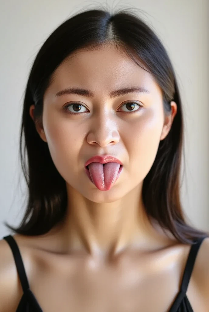 Tabletop,,Awards - Winning Photos, Very detailed, Face close-up、Focus your eyes, Nose and mouth,Face Focus, Woman with open mouth and closed eyes, Face Focusの接写、Age 35,Black-haired、Symmetrical face,Realistic nostrils、Angle from below、Elongated C-shaped nostrils、Sweaty skin、Skin shiny with sweatを強調する照明、((Sharp Nose))Skin shiny with sweat、Glowing Skin、Big eyes、double eyelid、(My tongue is wet and shiny) ((Wet tongue)) ((Berokisu))garden,Lift your head,Beautiful Japanese actresses,Lift your head,