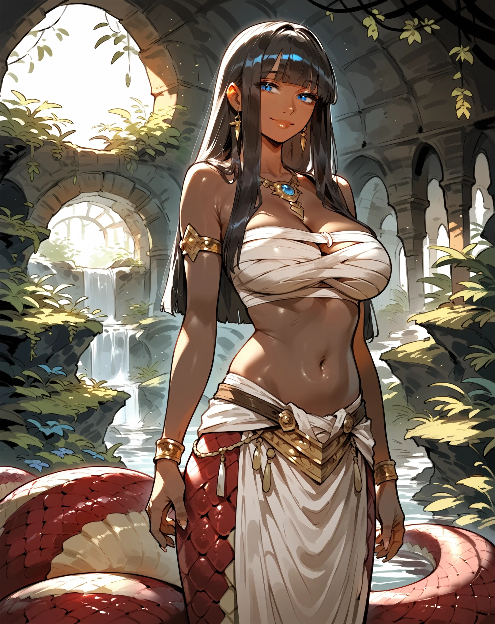 score_9, score_8_up, score_7_up, score_6_up, score_5_up, {{solo, anime, cowboy shot, underground, cave, dungeon, dark, dimmed lighting, medieval fantasy}} monster girl, lamia, red scales, mature, dark hair, hime cut, dark skin, blue eyes, voluptous, large breasts, chest wrap, gentle smile, looking at viewer.
