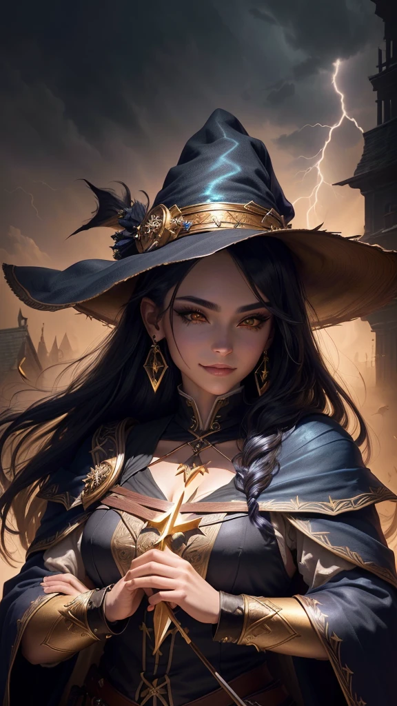 In the middle of so the storm on the stone field stand beatiful witch, she have a beautiful face with blue eyes shining purple lipstick and purple eye shadows, she have long blue hair with purple highlights, she dressed in black long coat short skirt high heels shoes and witch hat on her head , there is lighnings all around her, (ultra high quality fantasy art, anime fantasy style, masterpiece, ultra high quality character design, 8k quality anime art, realistic anime art, top quality wallpaper illustration, detailed ultra high quality accurate face, high quality design and accurate physic)