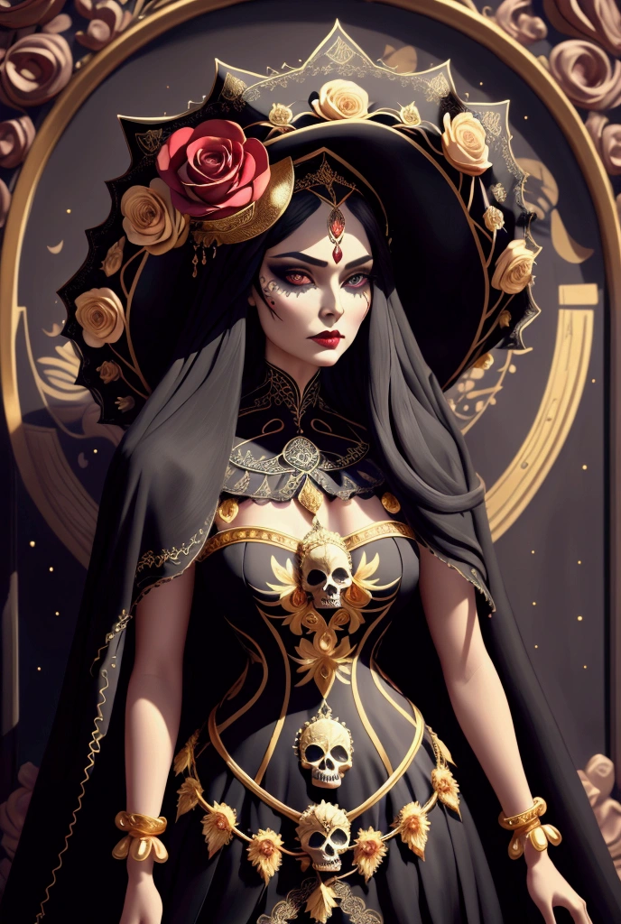 : " Generate an image of an ethereally beautiful Catrina and impressive elegance .  Her face is a masterpiece ,  with fine details of skulls and vibrant floral ornaments ,  maintaining a traditional color palette with touches of black , red, and golden.  She wears a perfectly outlined skull makeup that contrasts with her large and expressive eyes ,  enhanced by dark and seductive makeup .  Her hair is long, dark and wavy,  adorned with a wreath of fresh flowers and Mexican-style hat decorated with delicate embroidery and gold details that shine.  Her dress is a long suit of black lace and floral embroidery ,  tight to her figure and with an elegant flowing skirt .  The image must convey an air of serenity and respect ,  capturing the essence of the Day of the Dead .  hyperrealistic face , en 8K, full of fine details , photographic style,  masterpiece of dark beauty , soft and dramatic lighting. Hyper realistic and detailed, dressed very elegantly 