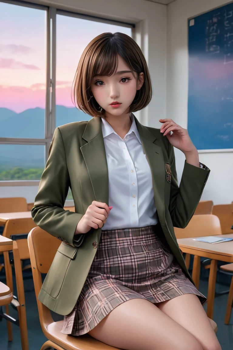 Hyperreal, masterpiece, classroom、Khaki blazer、  schoolgirl in a checkered skirt  、short bob, 18 years old、 PERFECT BODY 、165cm、 Sitting on a chair with one knee up、 pink panties  、Twilight Sky、 Cinematic Light 、、raped face 、From below, masterpiece,   high quality,　Front View, nsfw, 