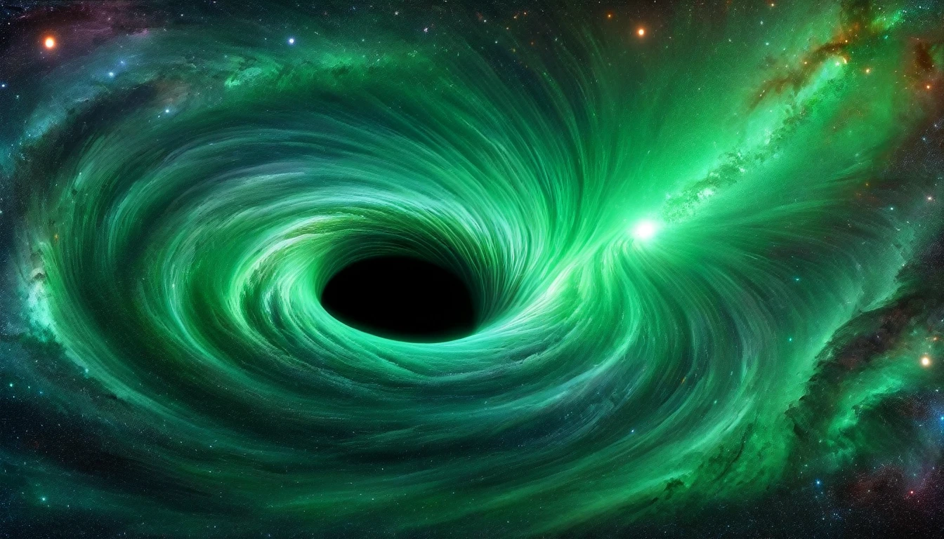 ((( A Glowing Black Hole Appears in the Green Earth's Sky ))), A star is next to him , ( Some parts of the star are sucked into the black hole),  (Perfect Proportions, masterpiece,  surreal, masterpiece, Premium quality ,  high definition,  extremely detailed,  Highly Detailed 8K Wallpaper , Fractal Details) 