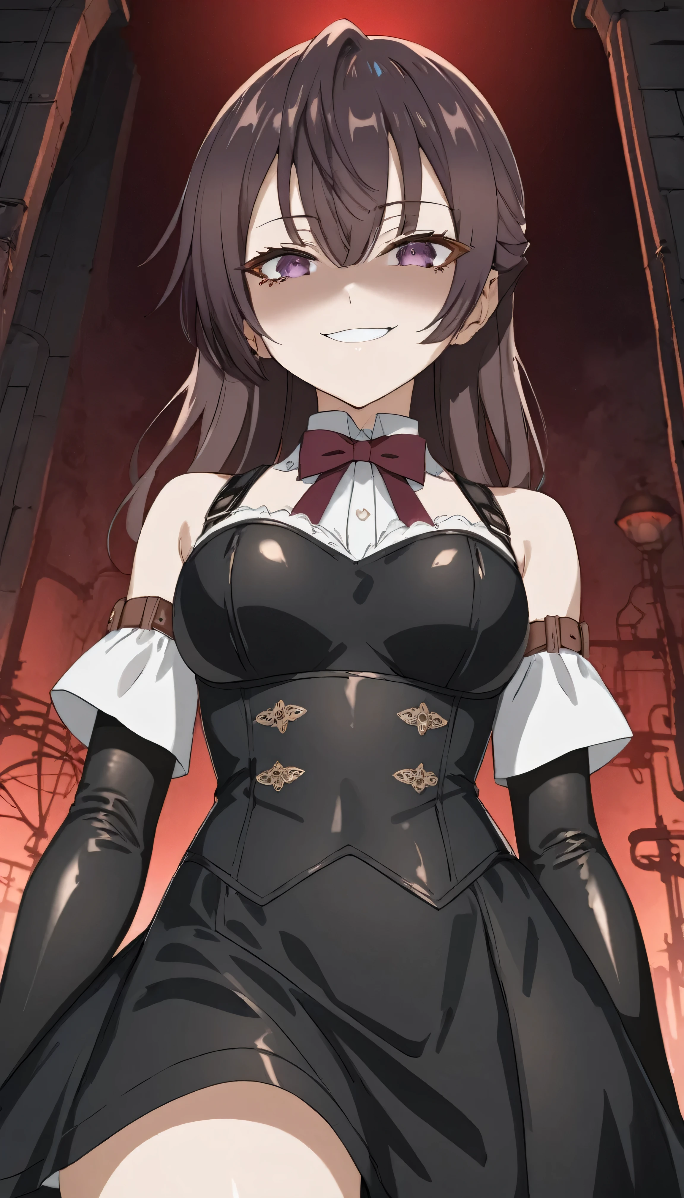 Detailed work, best quality, 4K clarity, shaded face(eys in evil shadow), anime, background, , จากซีรีย์ Alya Sometimes Hides Her Feelings in Russian, Suou Yuki, long brown hair, purple eyes,  Anime, ,, , ,,very evil smug,very evil smile,looking at viewer,Evil female warrior、Fantasy、、、alone:1.8、((( black latex elbow gloves :1.4)))、((( black latex corset dress:1.4)))、((( corset dress is adorned with beautiful lace。)))、(( corset dress with shoulder straps )))、,Highly detailed CG Unity 8K wallpaper, perfect lightingofficial art,short pants,(beautiful_face:1.5),(narrow_waist),Facing the Audience 、look at you、View from below,Lighting Neon、 steampunk style、hell、disturbing red light 、upper body