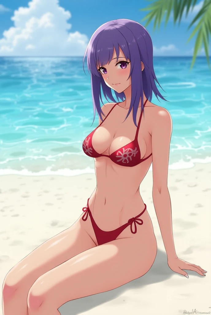 NSFW,masterpiece,Highest quality,High resolution,Very detailed,Helena Blavatsky\(Fate/grandorder\)、Purple Hair、short hair、(Purple eyes:1.1),bikini,Small breasts,beach,Palm tree,Rock Shade,(Lustful face),(Frustrated face),Melted face,blush,Are standing,(Young men),A man puts his hands on her waist and hugs her