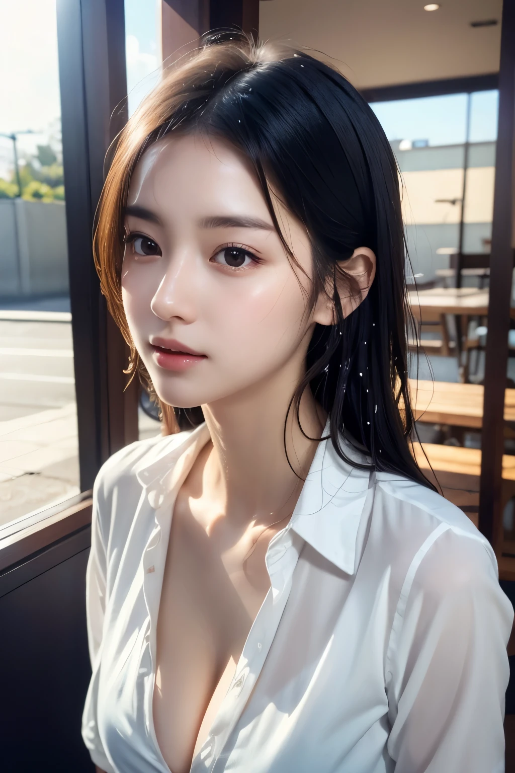 ((highest quality, 8K, masterpiece: 1.3)), sharp: 1.2, perfect body beauty: 1.4, slim abs: 1.2, ((layered hairstyles, big breasts: 1.2)), (Wet White Button Long Shirt: 1.1), (rain, street: 1.2), Wet: 1.5, Highly detailed face and skin texture, fine eyes, double eyelid, profile looking at camera、Wet and sheer white blouse、Bewitching、sexy、high resolution