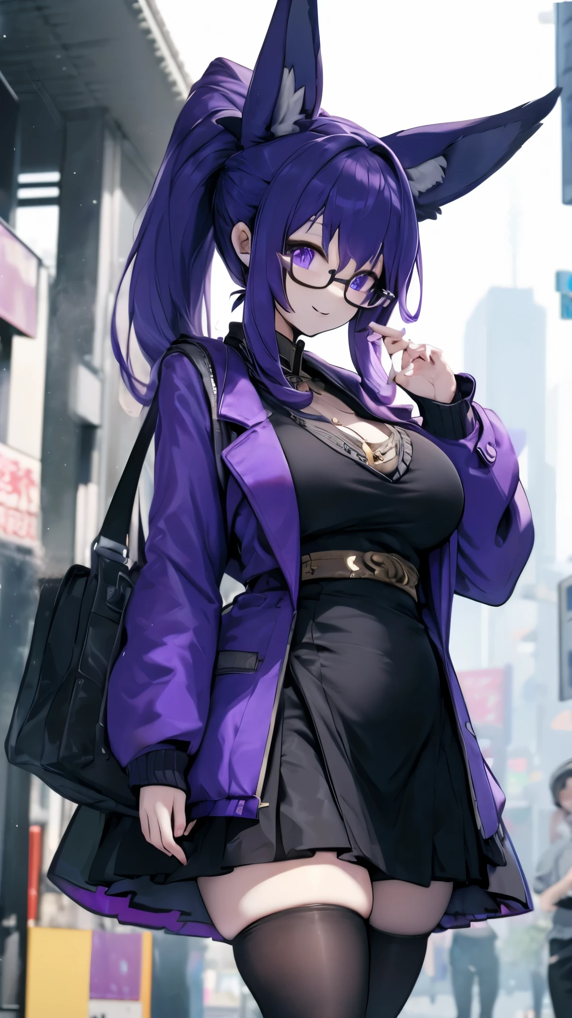 Anime avatar， Intellectual Big Sister ， plump breasts， big breasts ， Thick Thighs ，Fleshy thighs，Calm and gentle，Purple-haired girl， purple hair， Purple Single Ponytail ， Purple Hair Single Ponytail ，Purple ears，Fox ears，Fox ears，毛茸茸Fox ears，紫色Fox ears，Wasteland style，Ripped Black Silk ，Black stockings， Purple Jacket ，Black leather skirt，黑色Tight skirt，Hip skirt，Tight skirt，破烂Black stockings，Ruins Background，Ruins Background，Ruins Background， glasses， glasses， glasses，Smile，Smile