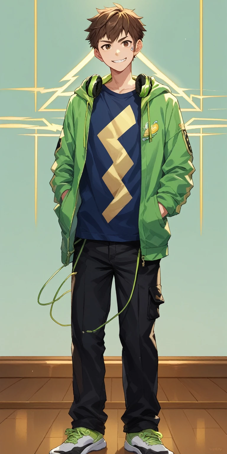 (masterpiece), best quality, expressive eyes, anime, 1boy, Seal Brown hair, front spike hair style, brown eyes, black glass, gold lightning bolt on right cheek, lime green zip-up hoodie, navy shirt, gold lightning bolt on shirt, black pants, gamer headphones around neck, lime green shoes, smirking, short hair, bedroom, full body view
