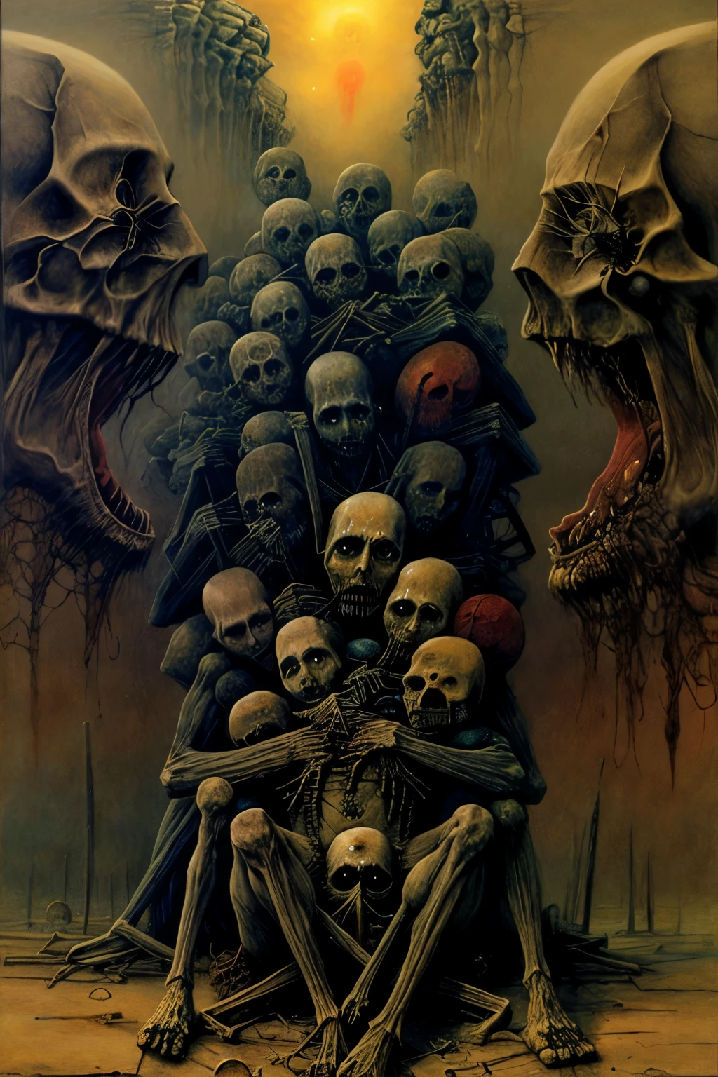 A painting, painting shows a sitting on a pile of skulls, disturb, crawl, gloomy, rotten, Zislaw Beksinski's High Saturation