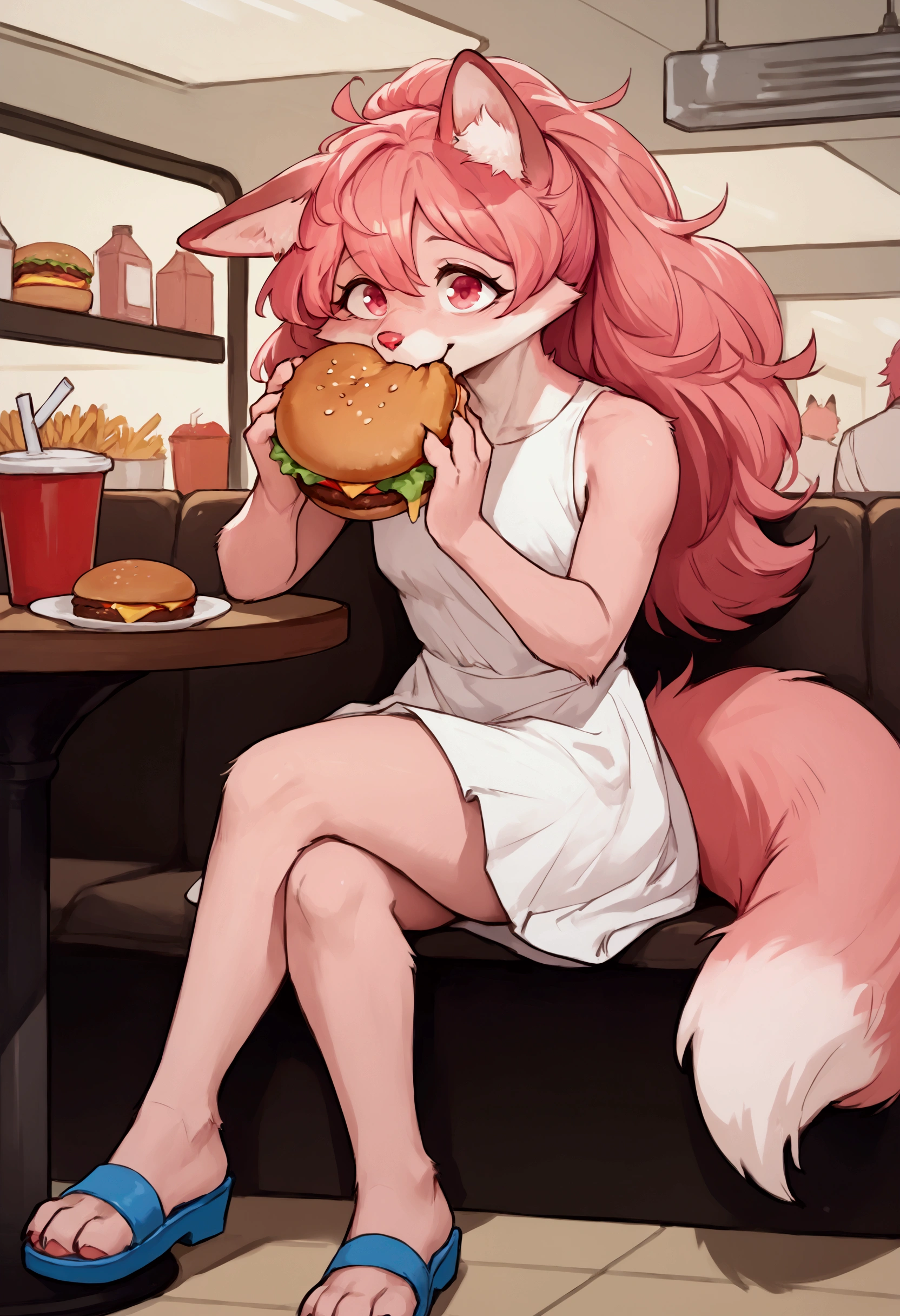 Solo, Score_9, score_8_up, solo, Anthro, furchan, pink furry body, pink hair, pink eyes, pink nose, animal ears, tail, tall and slender body, wearing white sleeveless dress, blue sandals, legs crossed, eating a big burger, a big bite taken out of burger, sitting in a restaurant table, front view, really happy, sparking eyes, wagging tail,
