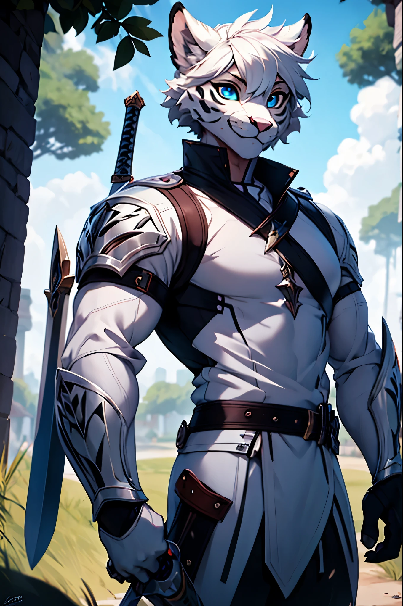 score_9, score_8_up, score_7_up, score_6_up, solo, white tiger, kemono, anthro, boy, young, handsome, short hair, blue eyes, white pupils, white fur, leucistic, big sword, knight armor, shield, outside, muscular body, smile, full body.