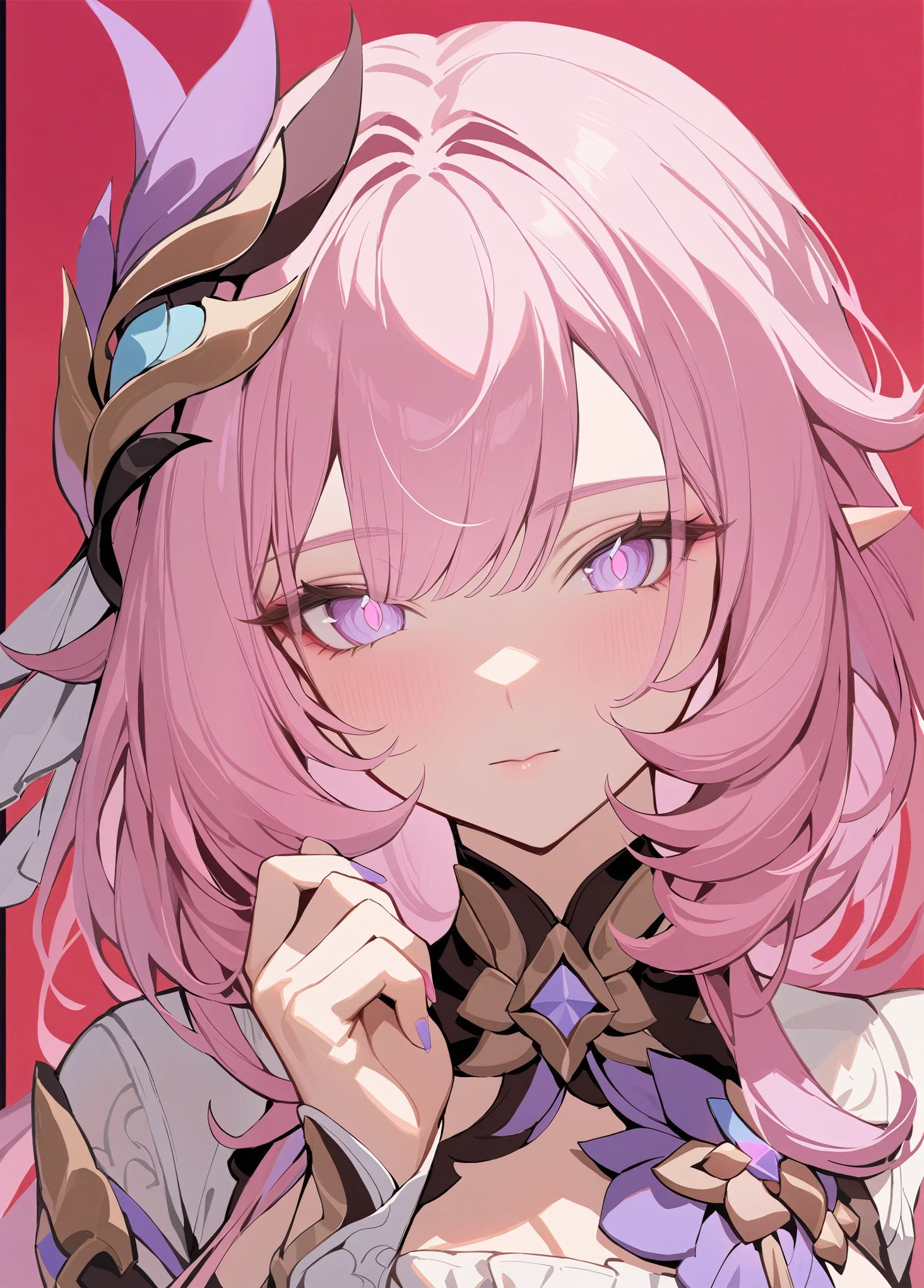masterpiece, Best quality, 1girl, One, looking at the viewer , bang, Elysia , honkai impact, pink hair, pink eyes, long hair, nail polish, Hair ornament , hand up, flower, blunt bang, closed mouth, tassel, portrait, Colorful, red background, frill, multicolored hair, upper body, nails