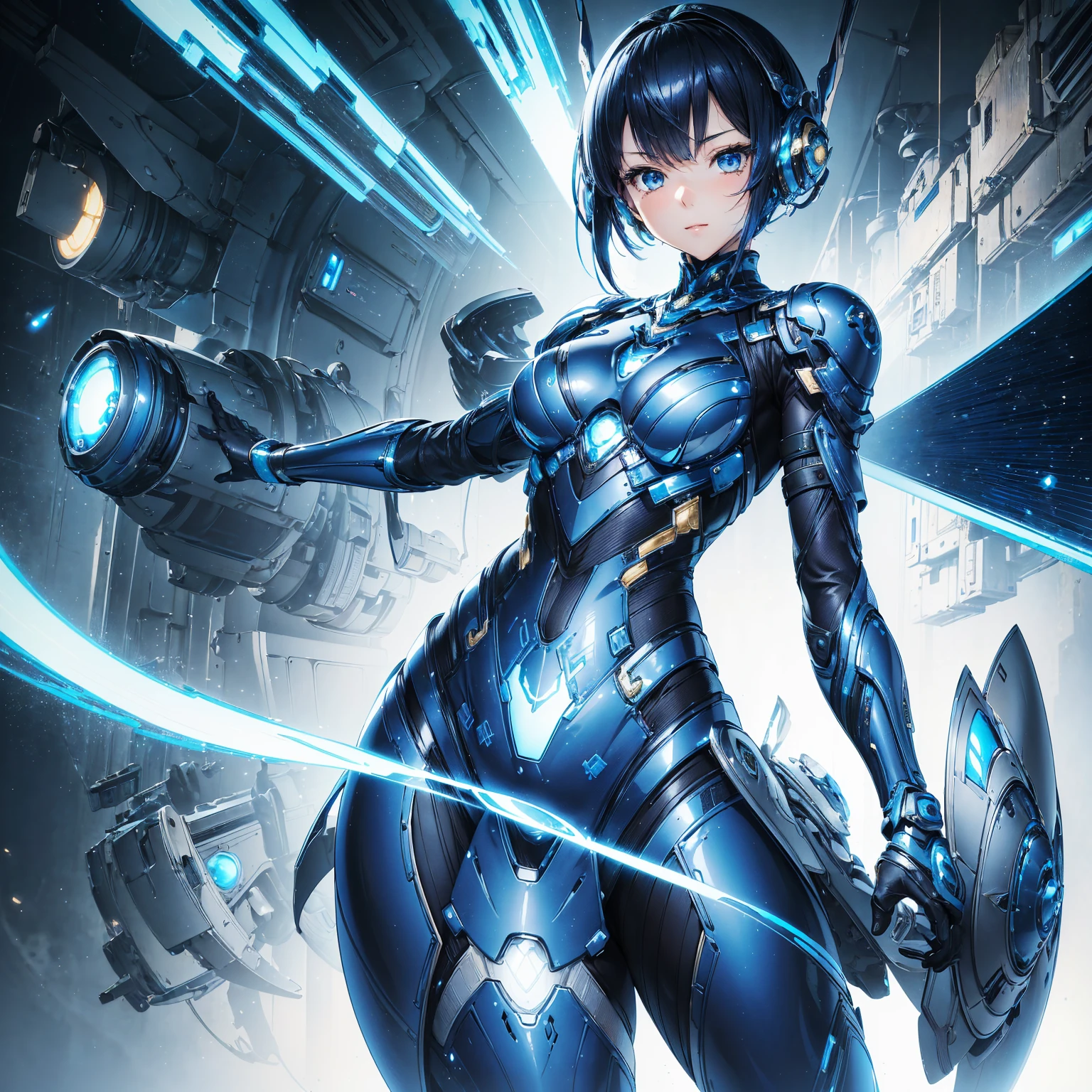 (masterpiece、Best Quality、 highest resolution 、Clear_image、Detailed details): (Whole body、A 20 year old girl、Japanese Faces、 small face、 slender、 dark blue super short bob cut hair、(Hidden small breasts:1.3)、Smart blue eyes with a sparkling blue color ,、Shiny pilot suit in white, blue and black colors、Chest protection armor、Tight fitting clothes、Clothing that covers the whole body、Tight Fit Pants、Hide your skin、 VERY DELICATE AND BEAUTIFUL、Detailed Skin、Hide your thighs、Hide your ass、Cute、A gentle smile、Soft expression、heroine、 headset、 long boots for stepping on bread、Elbow-length gloves、 eye level shot 、Peace talks between warring factions,attention arousal, Face directly、Woman on a spaceship),corneo_thorn_princess_Your,headgear,