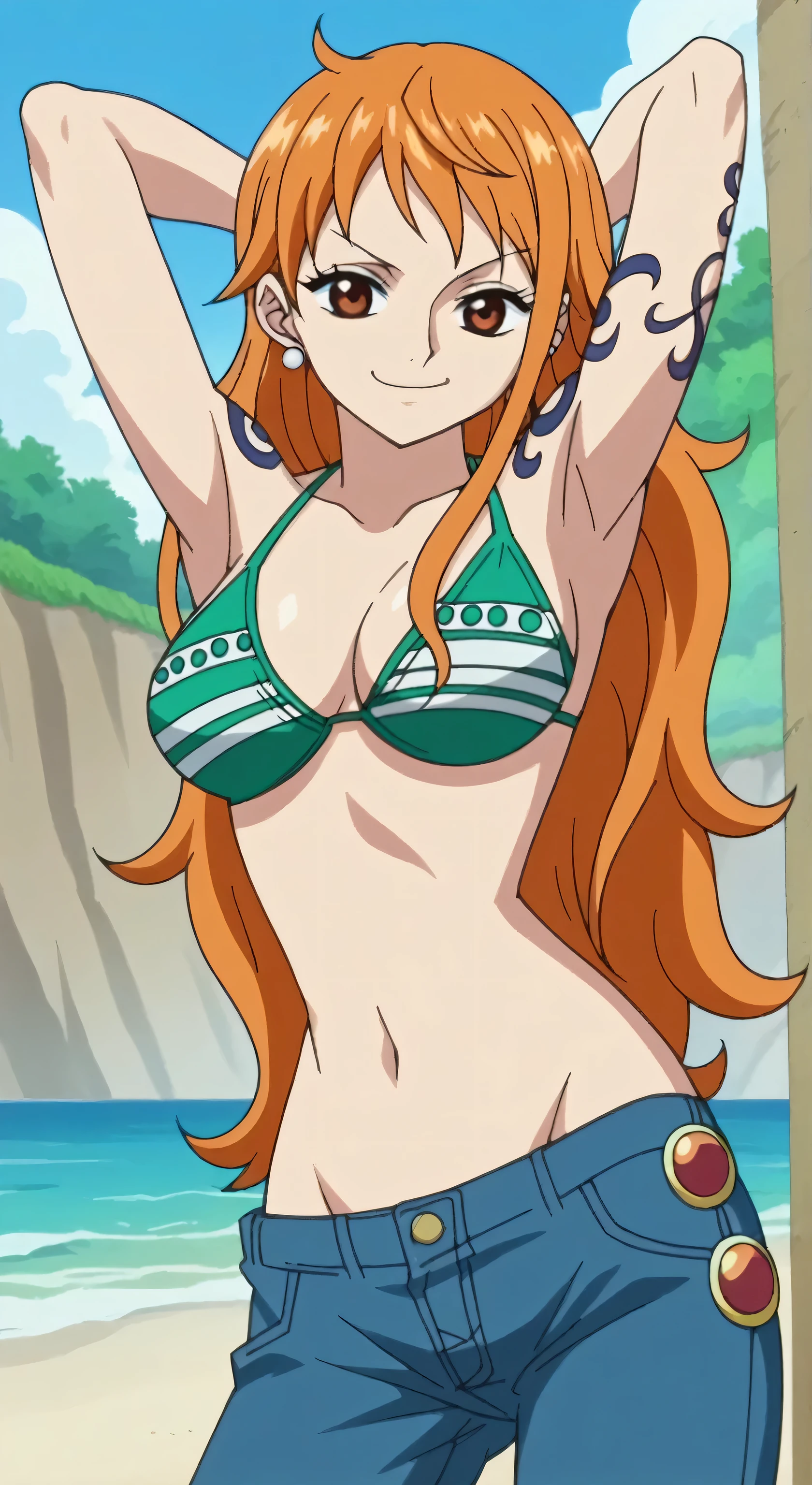 score_9, score_8_up, score_7_up, source_anime, anime screencap, 1girl, solo, nami, long hair, orange hair, brown eyes, jewelry, swimsuit, bikini, earrings, pants, bikini top only, jeans, tattoo, bellybutton, arms up, raised arms, armpits, looking at viewer, smile, smug closed mouth, outdoors, day, beach, (from below:0.9), badhandv4