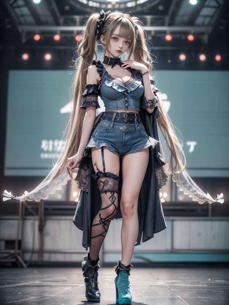 (Full body image:1.2)、(Side view:1.1)、(Smiling with teeth showing:1.3),(Hollywood actress:1.5)、(Gothic style fashion:1.5)、(Punk rock visual kei:1.5)、(Wearing an intricately decorated sweater:1.4)、(Delicate white mini skirt, denimとチャコールの装飾.:1.5)、(denim, Light blue and leopard print boots:1.3)、((belt))、(Numerous intricate patterns throughout the outfit:1.4)、(collar:1.3)、(Leopard print underwear:1.5)、20-year-old、Browsing Caution、((Highest quality、In 8K、masterpiece:1.3))、Sharp focus:1.2、(Layered Cut、Huge boobs:1.1),Beautiful woman with perfect figure:1.4、(Gravure model attire:1.3)、Slim Abs:1.2、Highly detailed face and skin texture、Detailed eyes、double eyelid,(Twin tails:1.3)、(Brownish golden hair:1.3)、Idol Sculpture、(The background is the stage for a fashion show:1.3)、(The body is slim:1.3),(Slimming your legs:1.4),(clavicle:1.1)