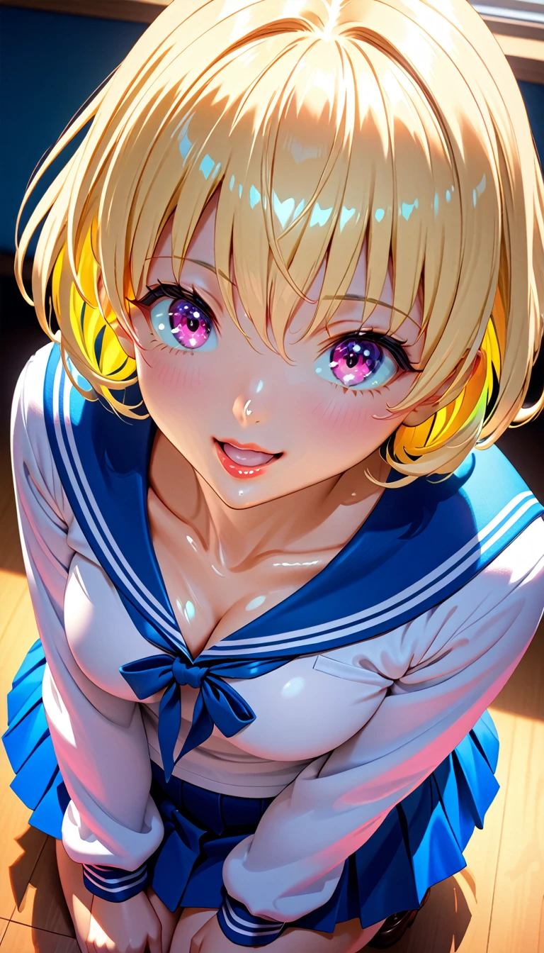 (Best Quality:1.2, 4K, 8k,  studio anime,  very detailed, up to date, Vibrant,  with great attention to detail,  high contrast, masterpiece:1.2, Best Quality, Best aesthetics), (((1 person))), Sit and pose, ＪＫ,  sailor suit,  pleated skirt,  loose socks ,  loafers,  please open your mouth slightly :1.2, smile,  dynamic angle,  looks up:1.3,  friendly atmosphere , Beautiful blonde, Shiny Hair, Beautiful Skin,  Detailed Face and Eyes ,  shiny lips,  curvy women,  Impressive Contrast 