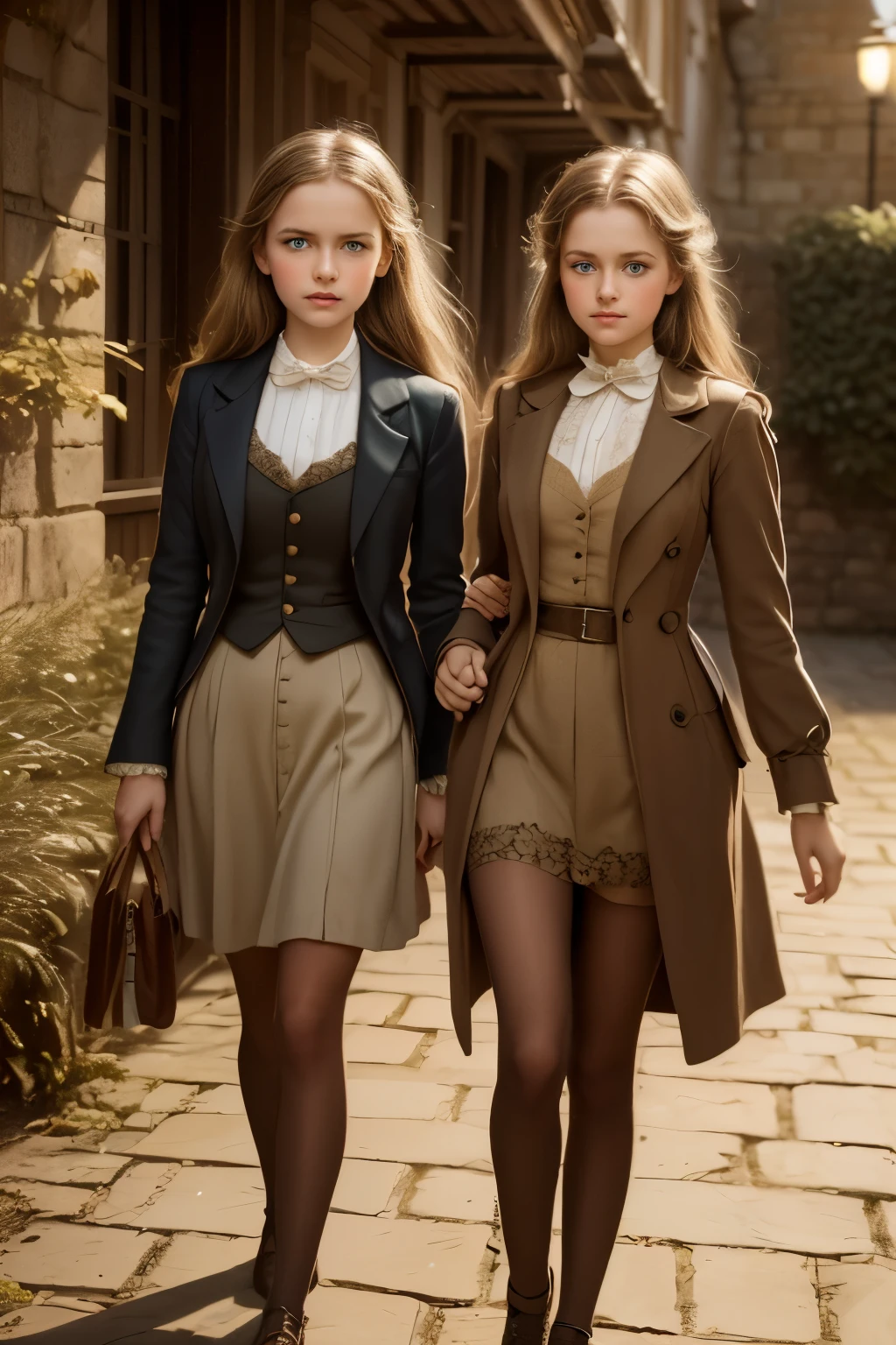 two girls, (Virginia Otis, (blond hair, blue eyes)) pose with ( Georgie Gerald (blond hair, green eyes)). Victorian style. thin, cute face, walks at night in Canterville Castle (inspired by the novel The Canterville Ghost). aged 1887, Victorian fantasy