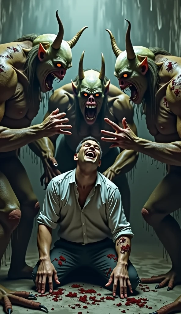 Aggressive chubby man with long fingernails wearing make-up is lying sick in a hospital bed and has a voodoo doll in his hand. Demons are standing around him, the demons are laughing at him.