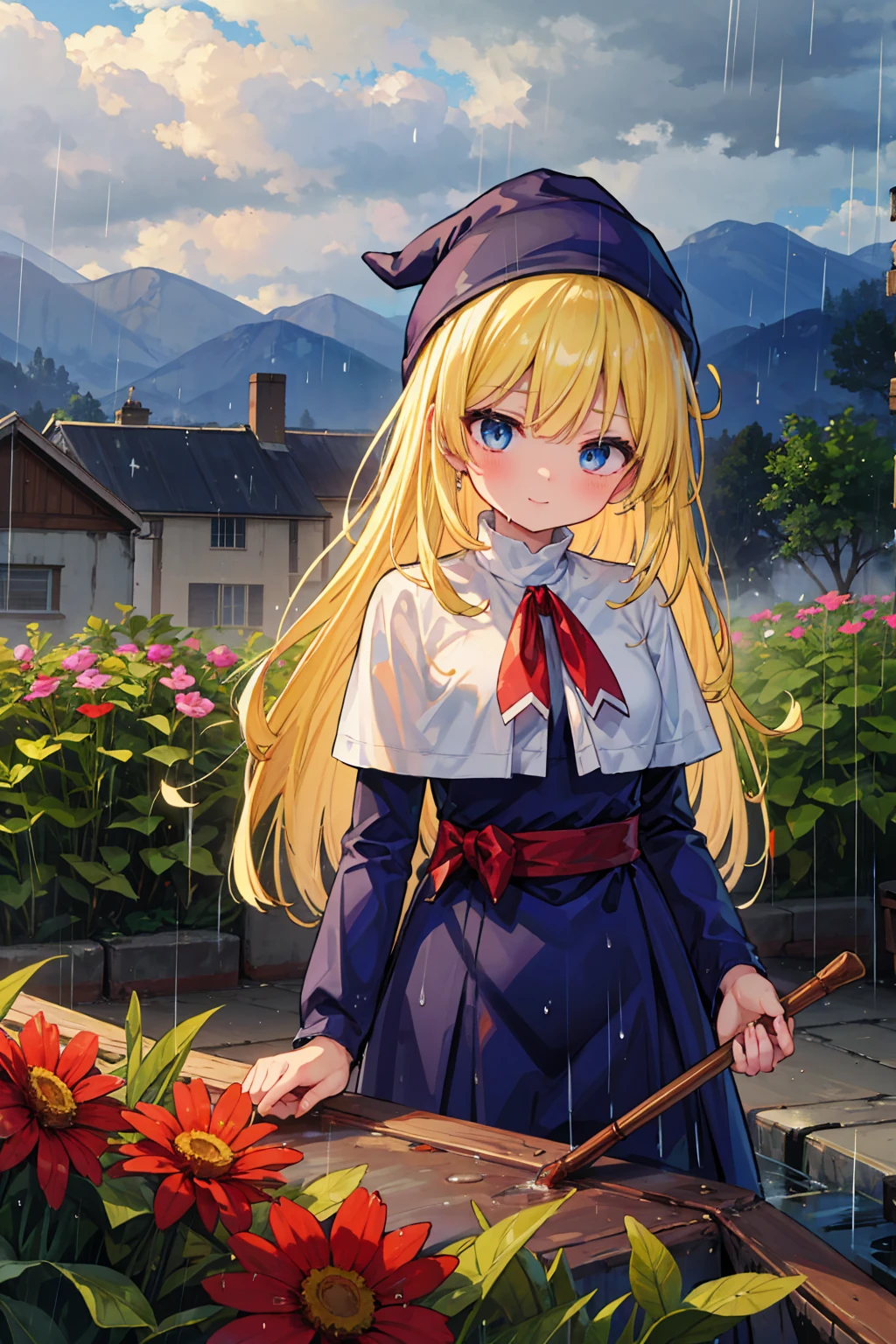 (8k,  super quality, masterpiece:1.2),  ultra high resolution, cute,  girl, solo, whole body, Puyo Puyo's witch, Blonde, Blue Eyes , blue headwear ,  blue based robe,  red ribbon, White capelet, Ahoge,  long skirt , garden, heavy rain, Heavy rain, like, Bright smile,  innocent face ,  mouth, soaked, whole bodyに水滴, Clothes darken when wet, Damp , 