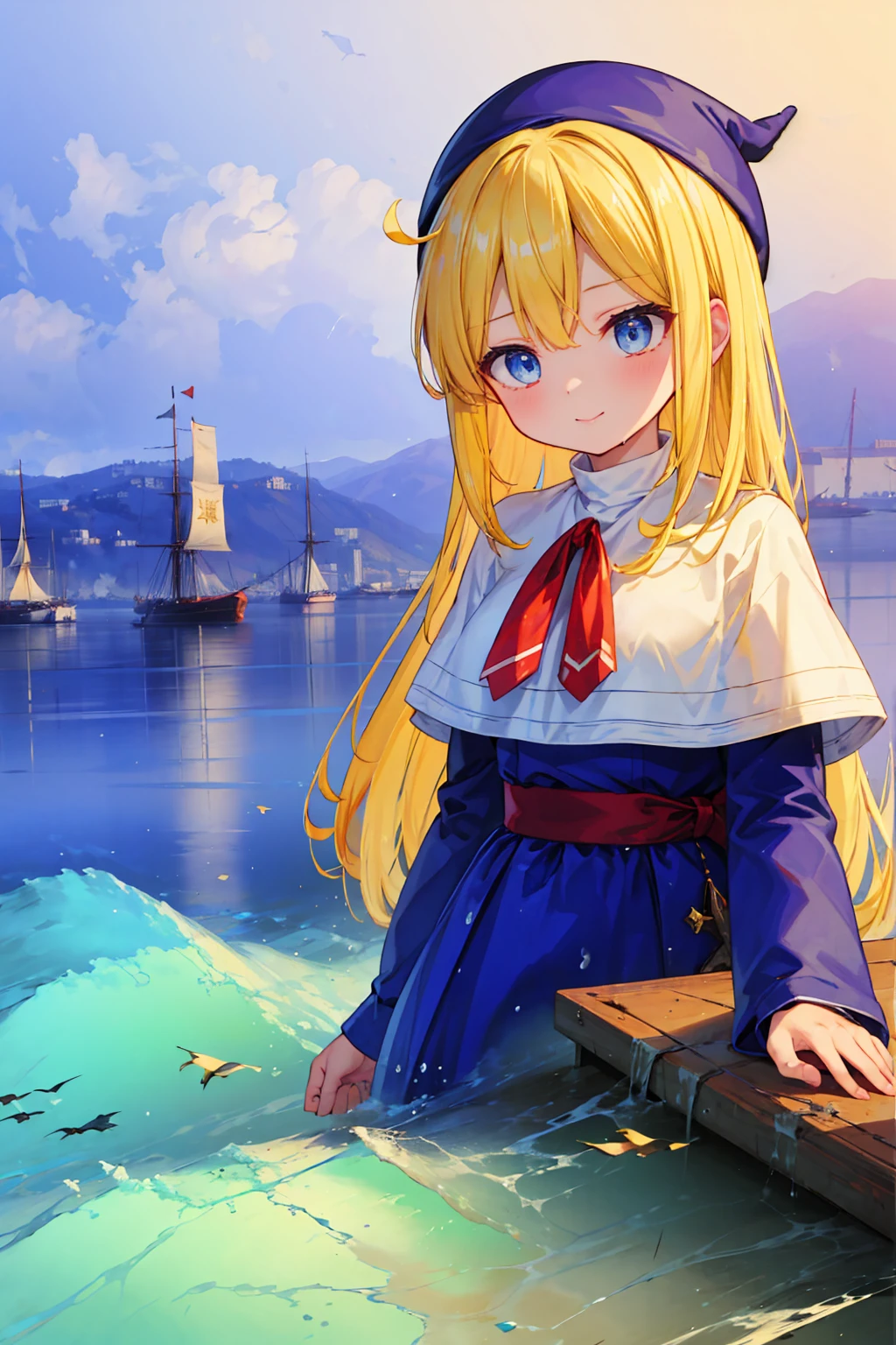 (8k,  super quality, masterpiece:1.2),  ultra high resolution, cute,  girl, solo, whole body, Puyo Puyo's witch, Blonde, Blue Eyes , blue headwear ,  blue based robe,  red ribbon, White capelet, Ahoge,  long skirt , sea, Wave like a  , Bright smile,  innocent face ,  mouth, soaked, whole bodyに水滴,  with their bodies glued together , Damp , 