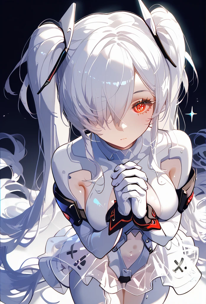 anachirox, twintails, very long hair, white hair, hair over one eye, red eye 、white bodysuit, see-through skirt, white gloves, white footwear、ringed eyes、Close-up of girl, Top view, eyelashes, own hands clasped,