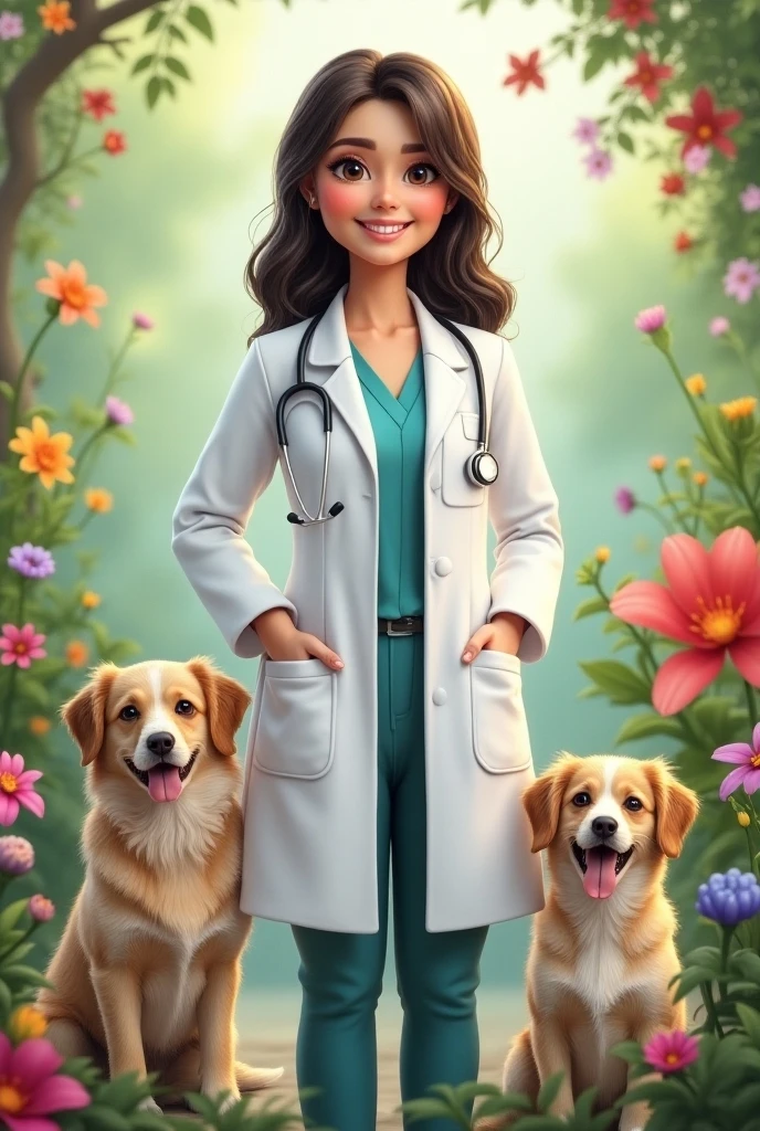 Image of a full-bodied female doctor with 2 small dogs on the sides and a background of flowers 