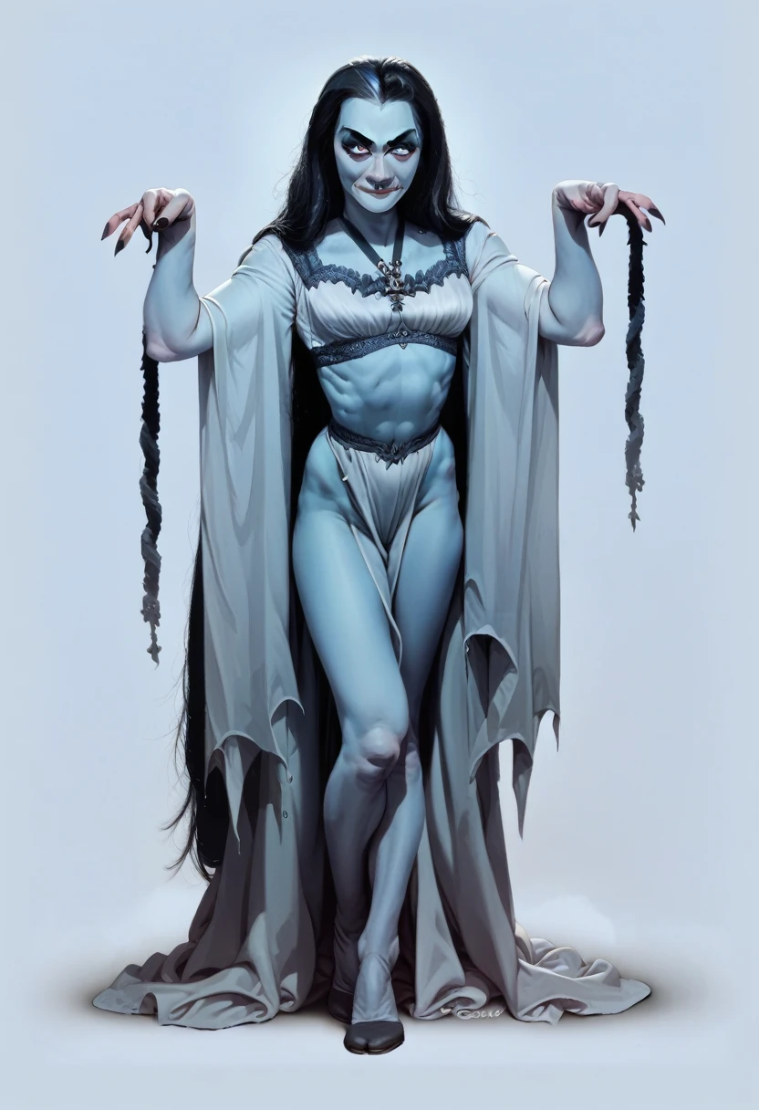 (full color image) (lilmun, medium natural breasts, pale blue skin) tall, slender, full body, sexy, flirting, arms out welcoming, in a spooky haunted house in moonlight