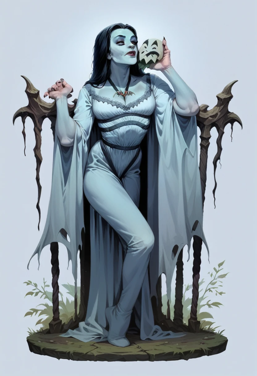 (full color image) (lilmun, medium natural breasts, pale blue skin) tall, slender, full body, sexy, flirting, arms out welcoming, in a spooky haunted house in moonlight