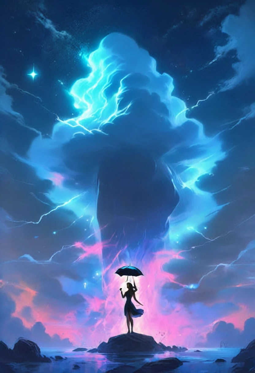 A giant storm cloud racing down colorful stardust, twinkling, on to a silhouette of a beautiful 25 year old  nude blonde woman holding an umbrella, fantasy art style, rossdraws cartoon vibrant, cute detailed digital art, colorfull digital fantasy art, digital fantasy art ), glossy digital painting, rossdraws pastel vibrant, rossdraws 2. 5, rossdraws 1. 0