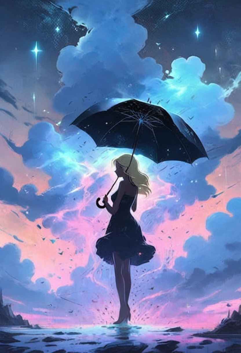 A giant storm cloud racing down colorful stardust, twinkling, on to a silhouette of a beautiful 25 year old  nude blonde woman holding an umbrella, fantasy art style, rossdraws cartoon vibrant, cute detailed digital art, colorfull digital fantasy art, digital fantasy art ), glossy digital painting, rossdraws pastel vibrant, rossdraws 2. 5, rossdraws 1. 0