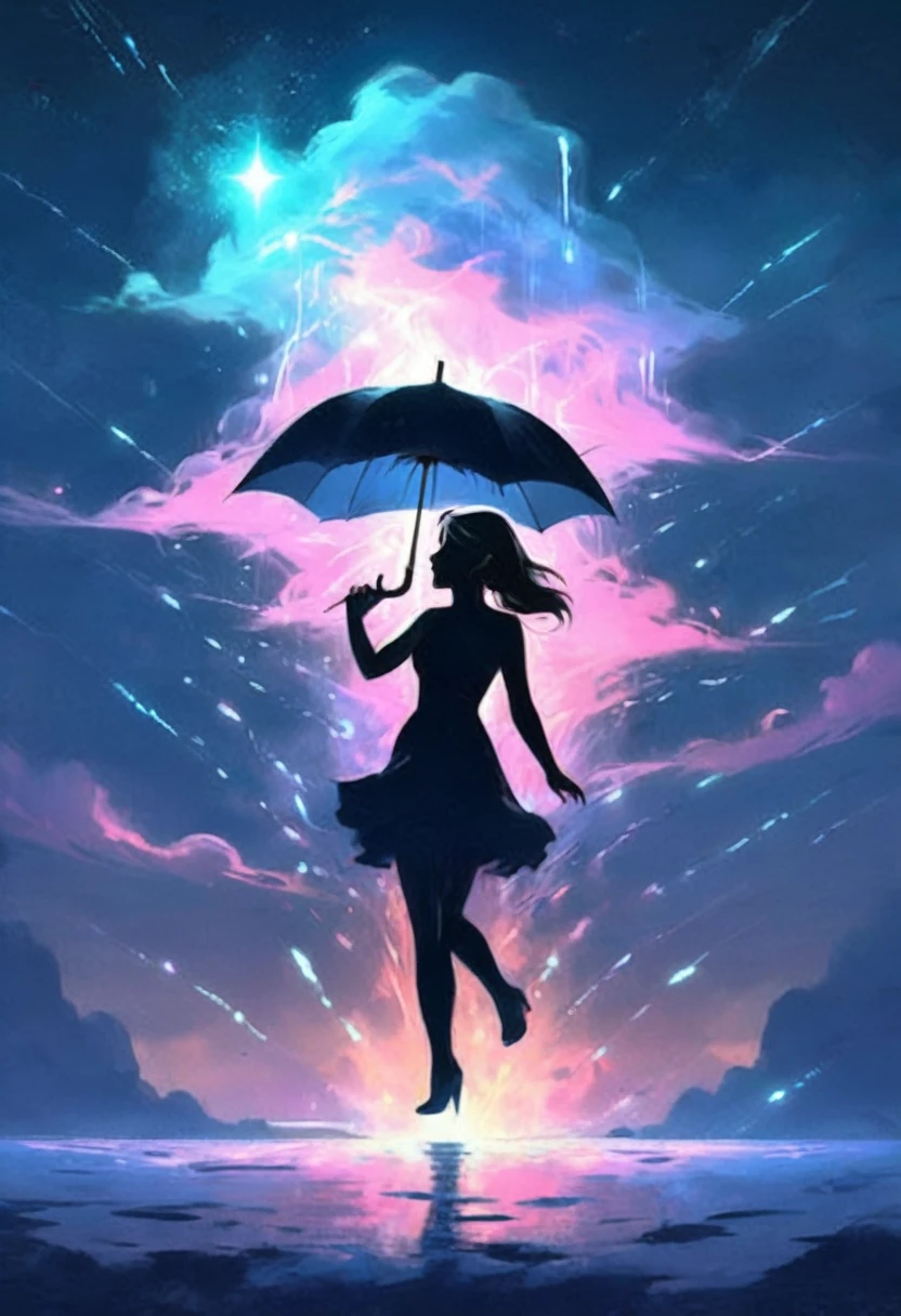 A giant storm cloud racing down colorful stardust, twinkling, on to a silhouette of a beautiful 25 year old  nude blonde woman holding an umbrella, fantasy art style, rossdraws cartoon vibrant, cute detailed digital art, colorfull digital fantasy art, digital fantasy art ), glossy digital painting, rossdraws pastel vibrant, rossdraws 2. 5, rossdraws 1. 0