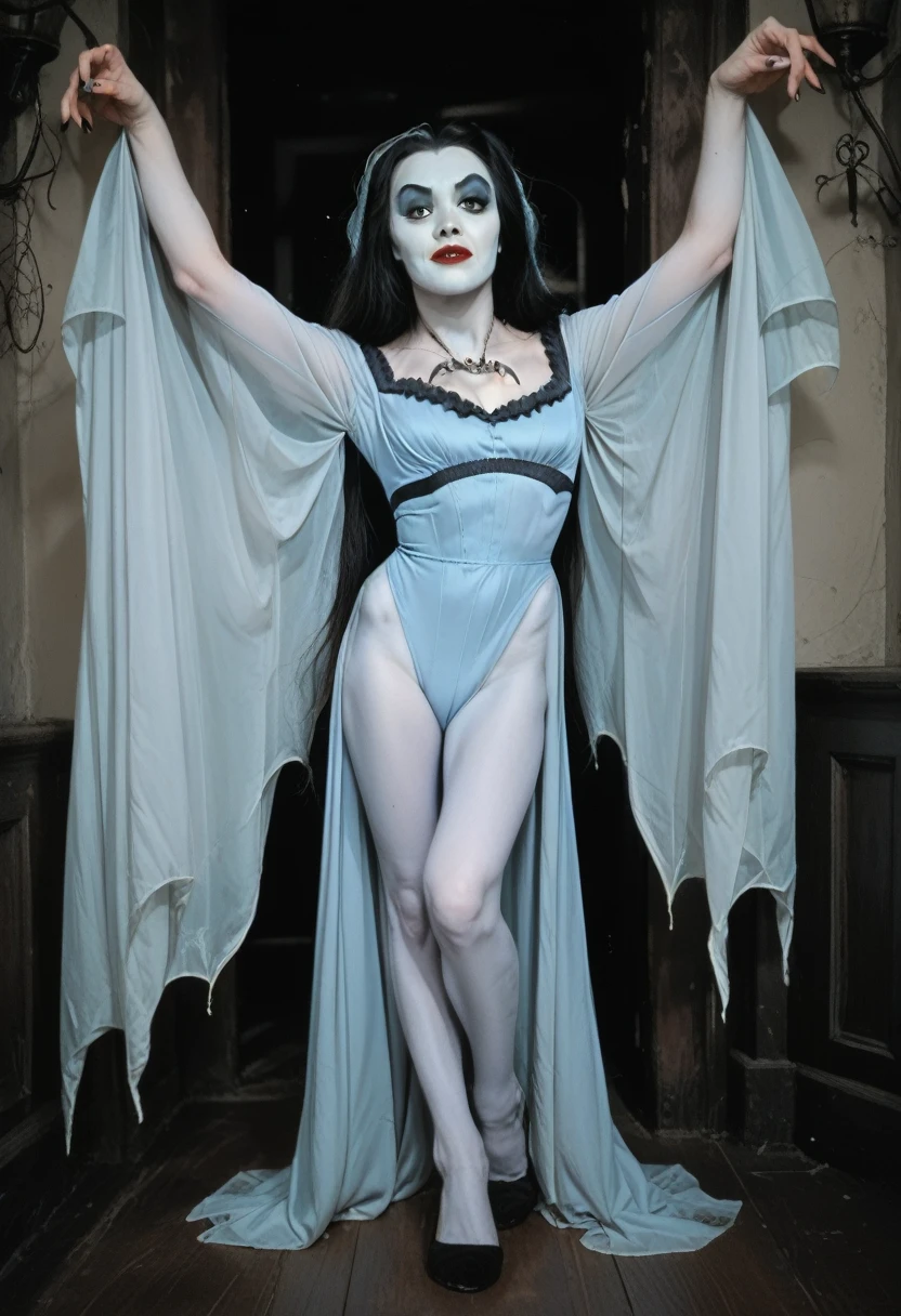 (full color image) (lilmun, medium natural breasts, pale blue skin) tall, slender, full body, sexy, flirting, arms out welcoming, in a spooky haunted house in moonlight