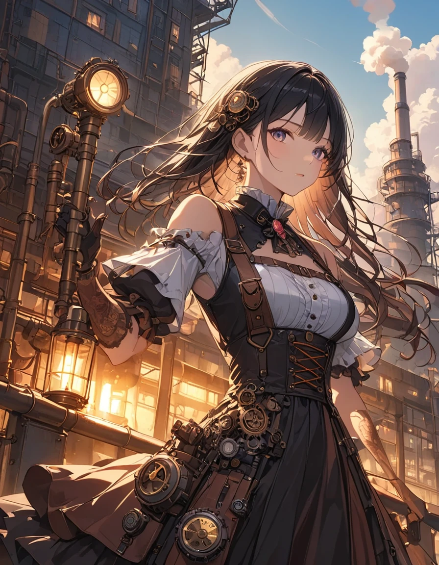 focus on upper body, Industrial city, walled, steampunk, rusty and heavy, smoke, chimney, factory, gear, machine, high-rise building, tower, steam power, steam pipe, street lamp, ( Cinematic lighting: 0.8, super detail, blooming), (masterpiece:1.2), (best quality:1.2), (very aesthetic:1.2), (absurdres:1.2), (detailed background), newest, safe, intricate, highly detailed skin,