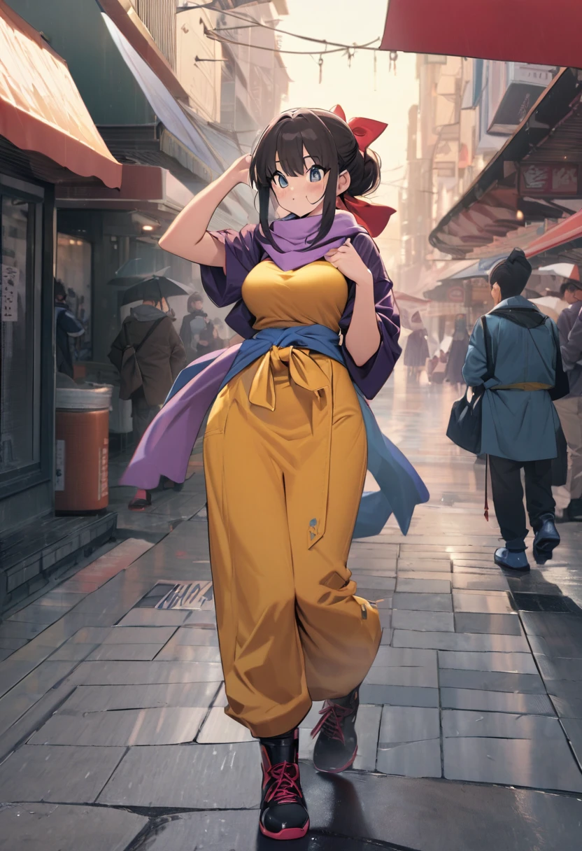   Chichi Dragon Ball Z character Saga Buu wears a yellow qipao with a ribbon tied around his waist and a scarf, both purple garments ,  also underneath she has light blue pants , rain boots and all his hair wrapped in a Japanese bun with a kanzaki High resolution ,  masterpiece , 