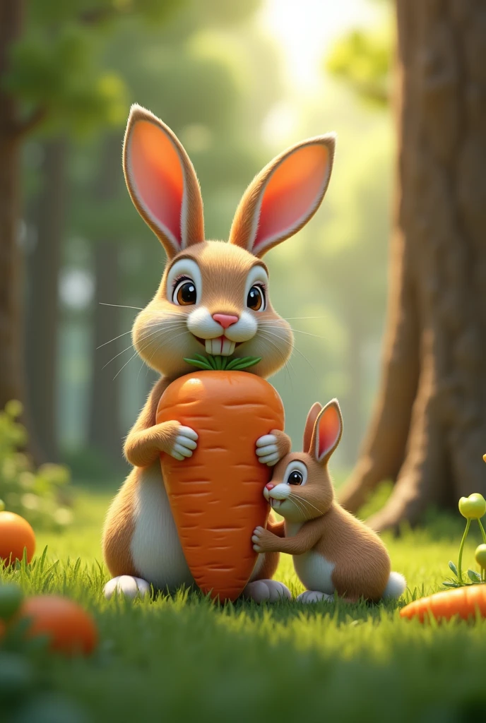 Create me a rabbit in the forest, sharp 3d image, high resolution
Draw me a giant carrot with a bunny like the one above eating it, the bunny is tiny compared to the carrot. 4k