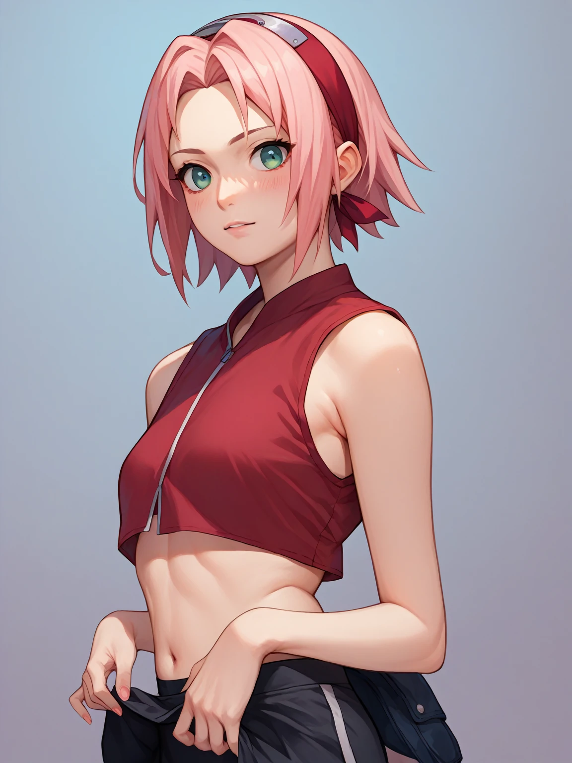 Sakura Haruno from Shippuden is wearing a red sleeveless crop top, black tight shorts, and her short skirt is a pink color and she lifts her skirt up.  