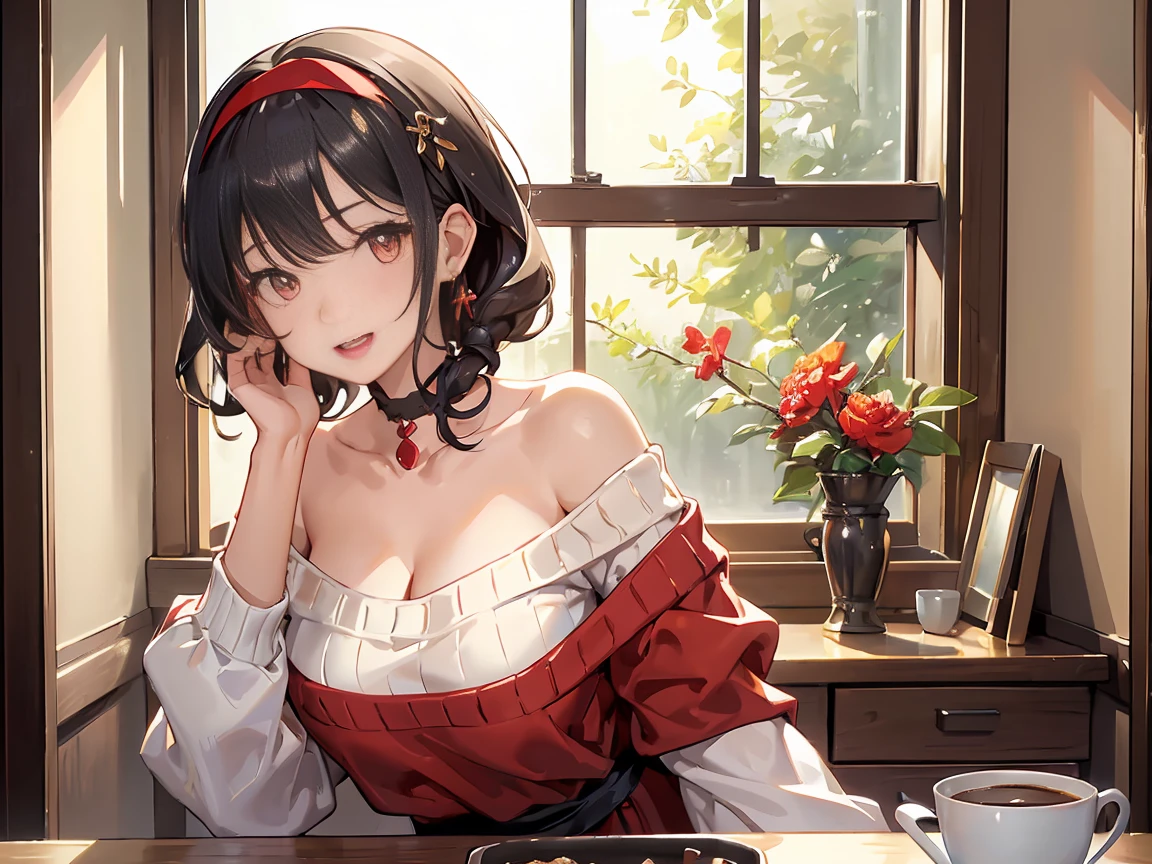  masterpiece, 1girl, Amazing Cleavage:1.3, thin waist, big ass, Raised sexy, medium breast:1.3,posed cleavage:1.2,solo, looking at viewer, open mouth, have a cup of coffee,black hair, red eyes, dress, bare shoulders, jewelry, collarbone, sidelocks, hairband, earrings, indoors, off shoulder, :o, sweater, arms behind back, plant, short hair with long locks, white hairband, off-shoulder dress, sweater dress, off-shoulder sweater, red sweater, big side hair, very long side hair,is rendered in (masterpiece: 1.2, best quality), with (ultra high resolution) and an exquisite (depth of field). This masterpiece is not only visually stunning but also tells, make of cooking some cakes ,in the kitchen,smile,seductive weak smiling,(with sparkling eyes and a contagious smile),open mouth, Looking at Viewer, 