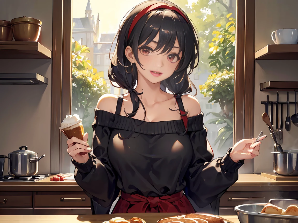  masterpiece, 1girl, Amazing Cleavage:1.3, thin waist, big ass, Raised sexy, medium breast:1.3,posed cleavage:1.2,solo, looking at viewer, open mouth, have a cup of coffee,black hair, red eyes, dress, bare shoulders, jewelry, collarbone, sidelocks, hairband, earrings, indoors, off shoulder, :o, sweater, arms behind back, plant, short hair with long locks, white hairband, off-shoulder dress, sweater dress, off-shoulder sweater, red sweater, big side hair, very long side hair,is rendered in (masterpiece: 1.2, best quality), with (ultra high resolution) and an exquisite (depth of field). This masterpiece is not only visually stunning but also tells, make of cooking some cakes ,in the kitchen,smile,seductive weak smiling,(with sparkling eyes and a contagious smile),open mouth, Looking at Viewer, 