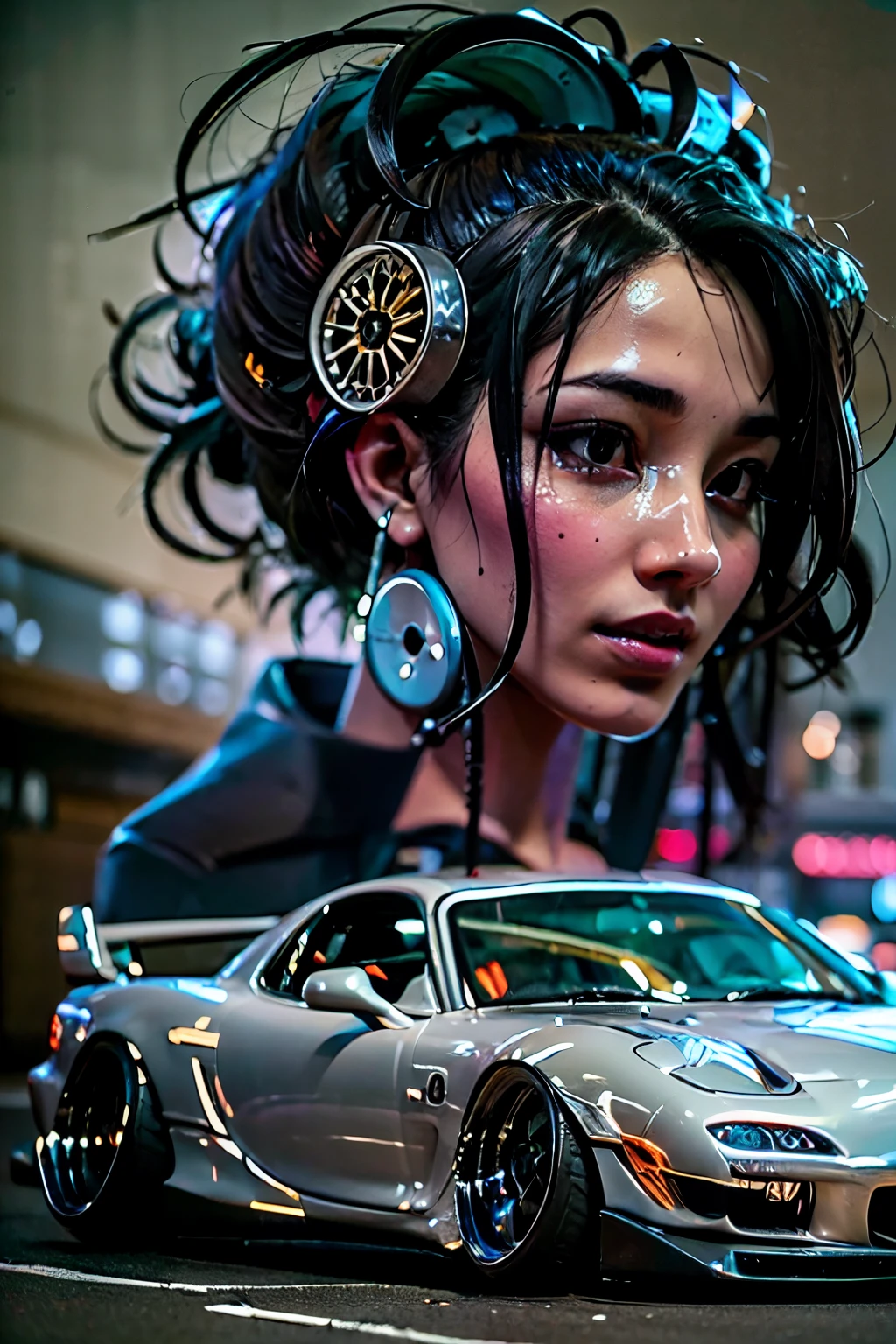 Tuned RX7 and a pretty girl , Widebody kit , Deep rim wheel ,Custom car  , cyberpunk , high definition,  High Details, 