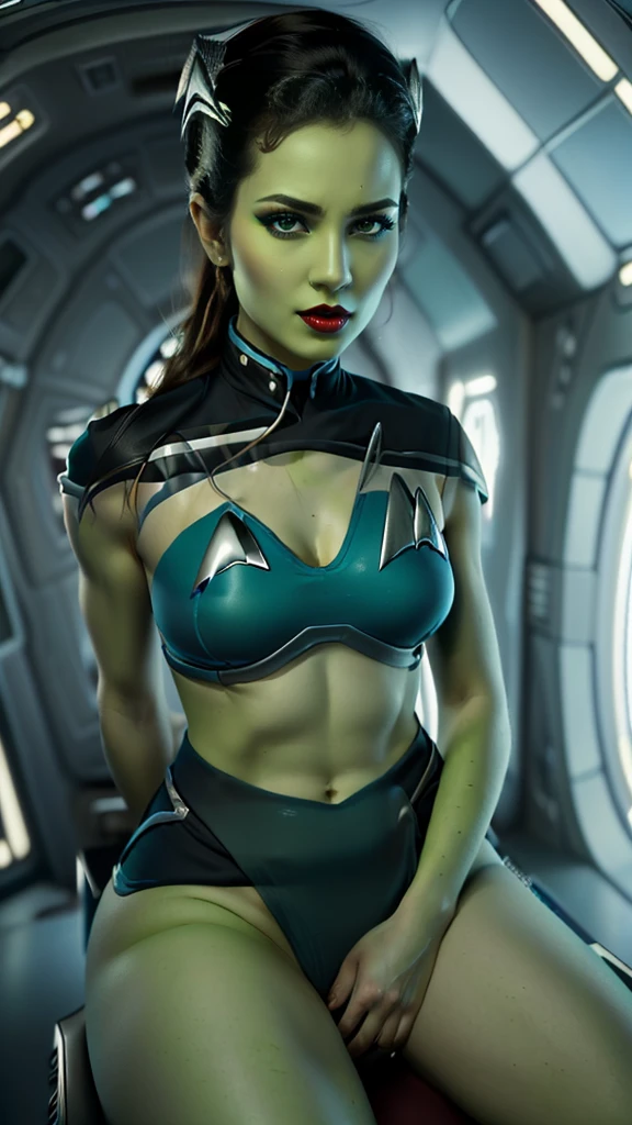 Detailed atmospheric erotic photography. Beautiful attractive woman, fit, muscular body, (((sexy slutty revealing skin tight starfleet uniform))), showing lots of skin, plunging cleavage, intricate choker. Cleavage, Great thighs, perfect breasts, perfect body, ((bare thighs)), dark red lipstick, detailed makeup, Smokey eyeshadow, feature eyeliner. ((Star trek scenery)), Seductive lighting. Full length shot, ((whole body thighs calves in view)), (((erotic Pose))), (((sitting on a spaceship chair or on a bulkhead with one knee raised to show off her bare thigh and calf))), seductive, looking into camera, (((using her hands to rub herself in sexy ways))), perfect hands, ((smooth saturated green skin)), ((Star Trek Orion)), perfect anatomy 