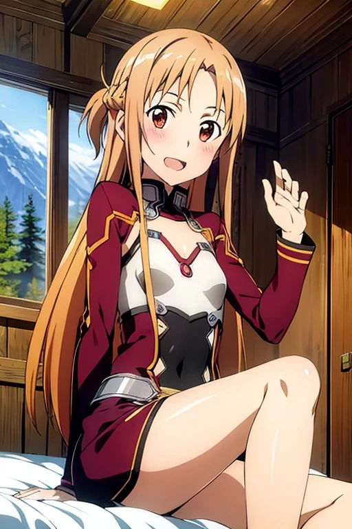 ((Best Quality)), ((masterpiece)), (be familiar with),  perfect face, indoor, bedroom,  watching viewers in the winter mountains ,
One woman, Yuuki Asuna,
 characters with open mouth ,  ecstatic expression , blush, smile,
Small breasts,  flat chest, , ,  kids, Girl,
Long Hair,  long hair,
Leg spread,