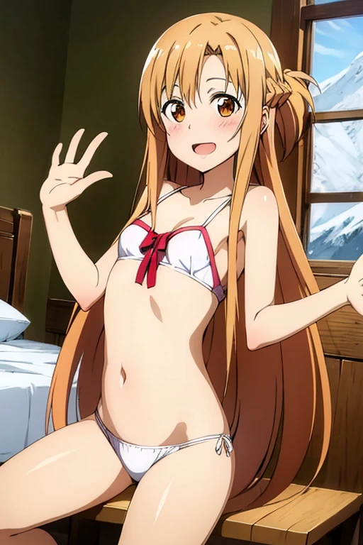 (Best Quality, masutepiece, High resolution, anime screen cap, anime colours, offcial art, poster for), (long, Straight Light Brown Hair:1.5), Yuuki Asuna, A smile, (oversized saggy breasts:2.0, cleavage), (Thin fabric, White Micro Bikini:1.8, no-bra:1.5), Slimed, Lower your arms, (Leaning forward:1.5, Front composition:1.5), Looking At Other, Upper body, Bedrooms, (Perfect Anatomy, perfect detailed body, Eyes and hair in beautiful detail, Beautiful breasts and skin), Close-up on the chest