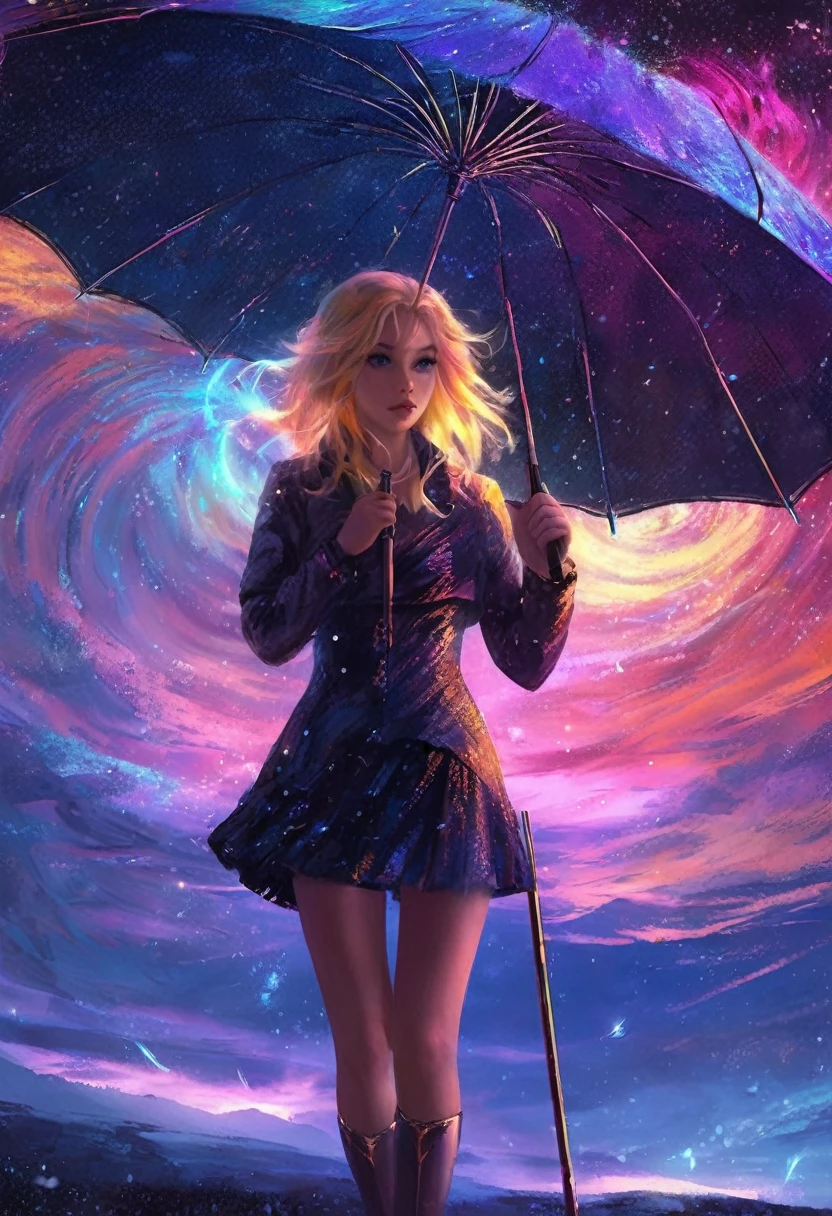 A giant storm cloud racing down colorful stardust, twinkling, on to a silhouette of a beautiful 25 year old  nude blonde woman holding an umbrella, fantasy art style, rossdraws cartoon vibrant, cute detailed digital art, colorfull digital fantasy art, digital fantasy art ), glossy digital painting, rossdraws pastel vibrant, rossdraws 2. 5, rossdraws 1. 0