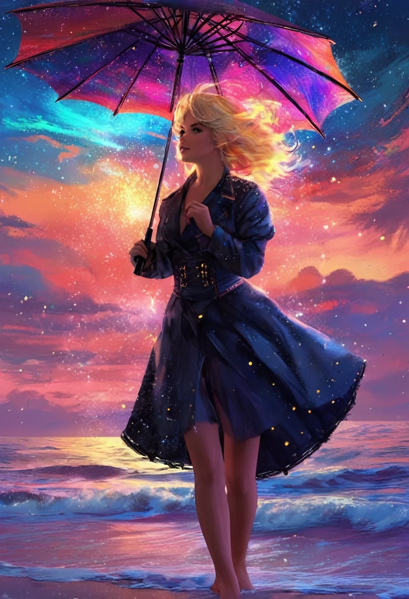 A giant storm cloud racing down colorful stardust, twinkling, on to a silhouette of a beautiful 25 year old  nude blonde woman holding an umbrella, fantasy art style, rossdraws cartoon vibrant, cute detailed digital art, colorfull digital fantasy art, digital fantasy art ), glossy digital painting, rossdraws pastel vibrant, rossdraws 2. 5, rossdraws 1. 0